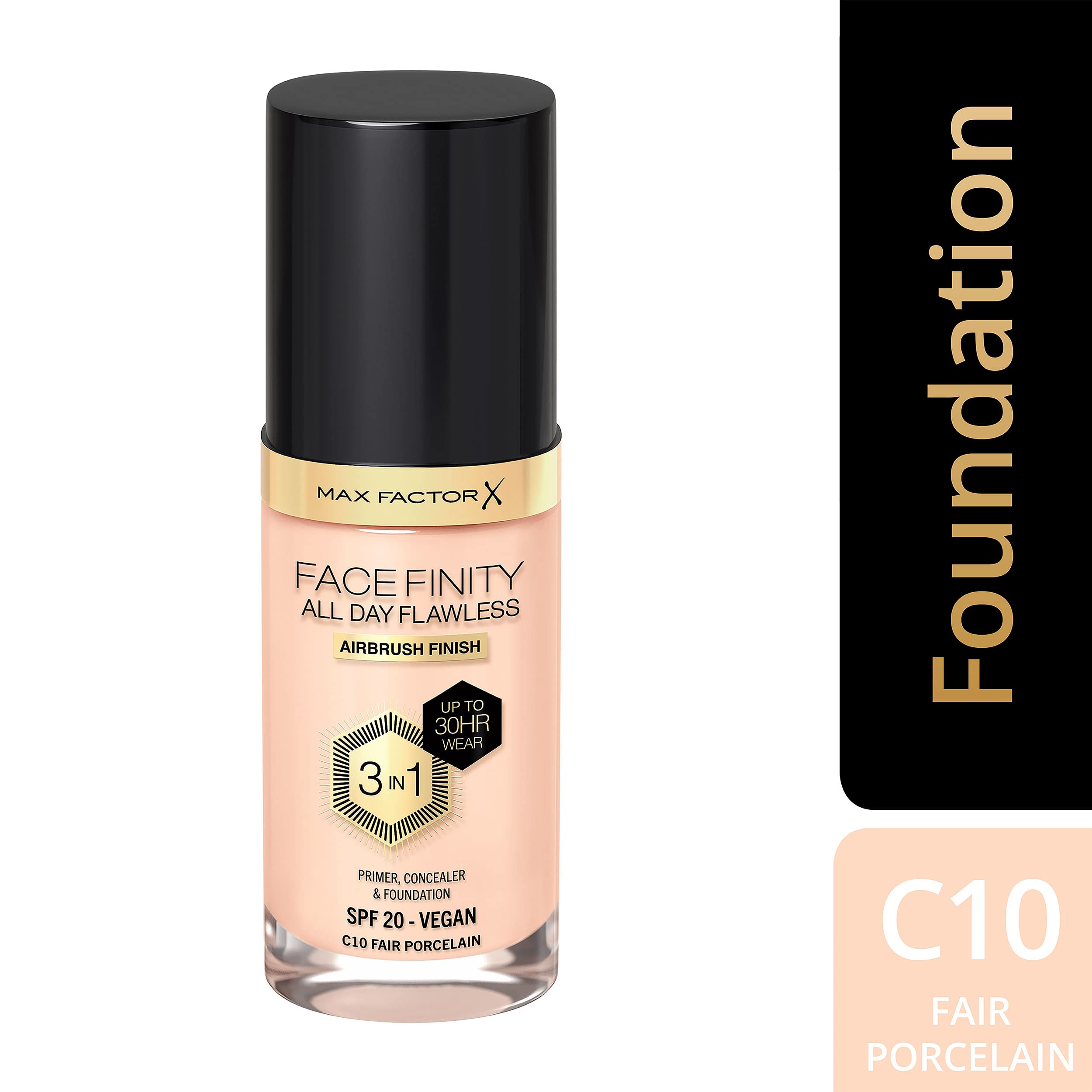 Max Factor Facefinity 3-In-1 All Day Flawless Liquid Foundation, Spf 20-10 Fair Porcelain, 30 Ml