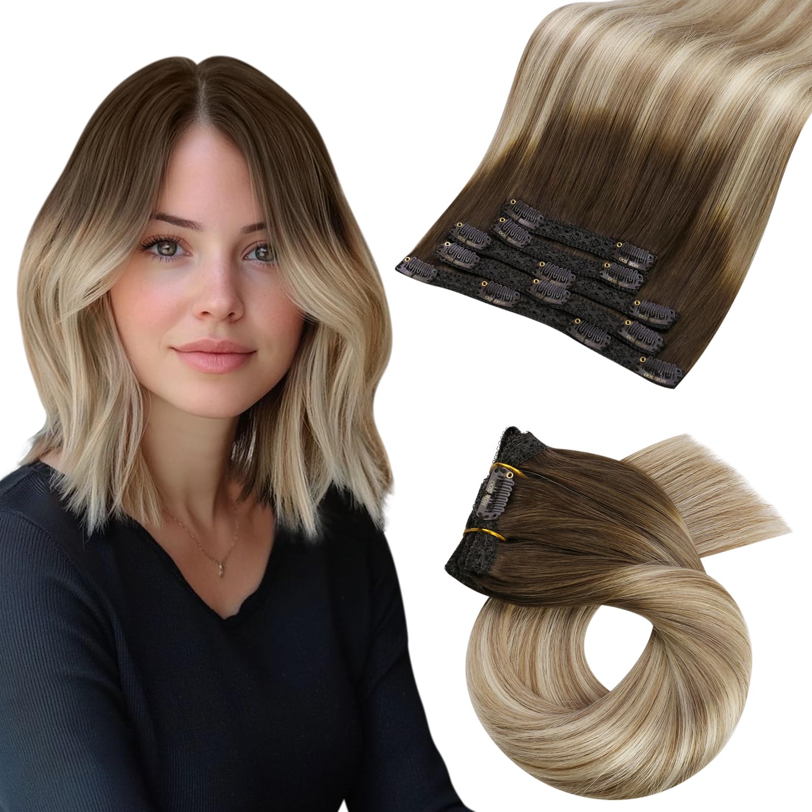 Moresoo Clip In Hair Extensions Real Human Hair Clip In Extensions Ombre Brown To Light Brown With Golden Blonde Balayage Hair E