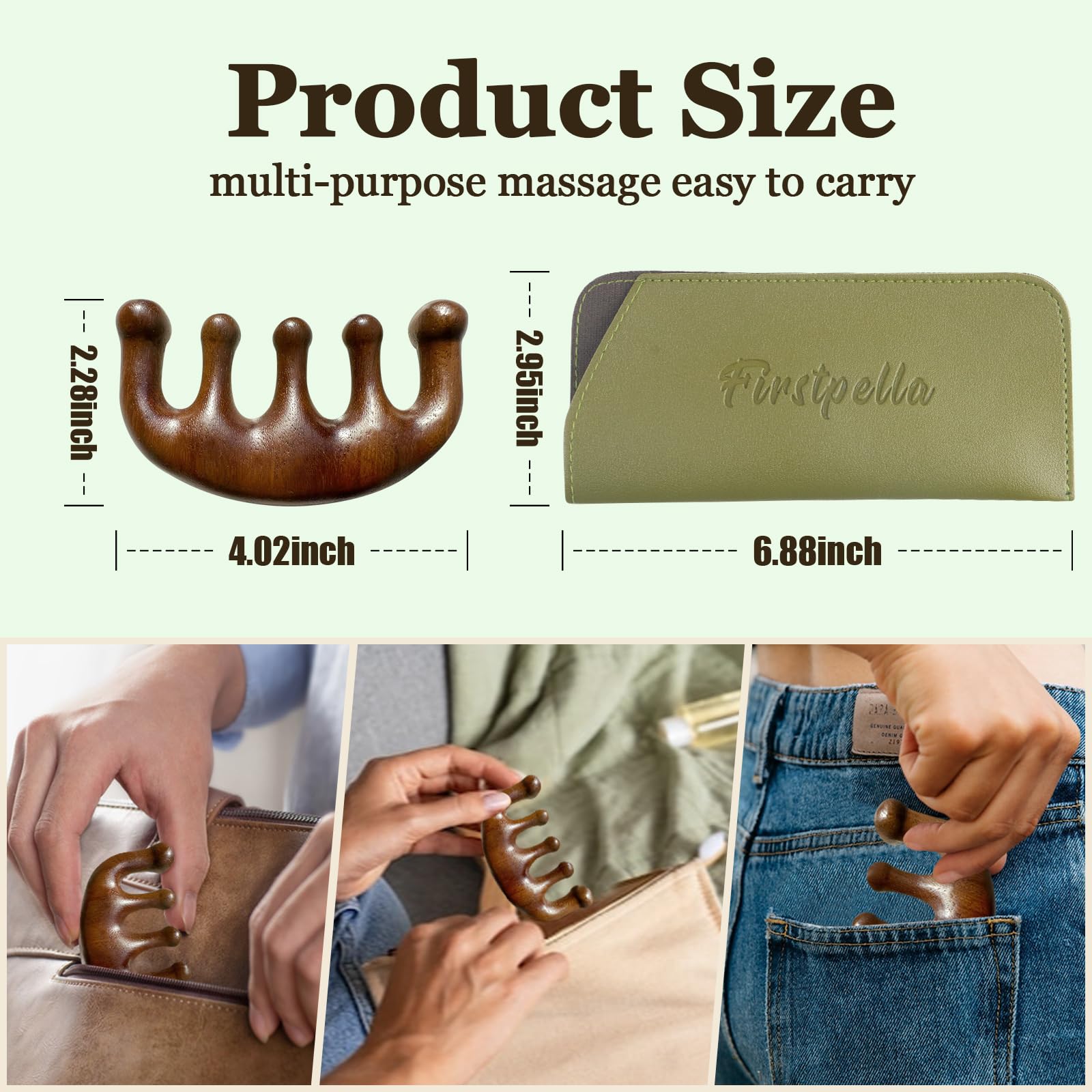 FIRSTPELLA Wooden Scalp Massage Comb Set - Head Scalp Comb,Natural Green Sandalwood Hair Combs,Wooden Wide Tooth Comb for Women