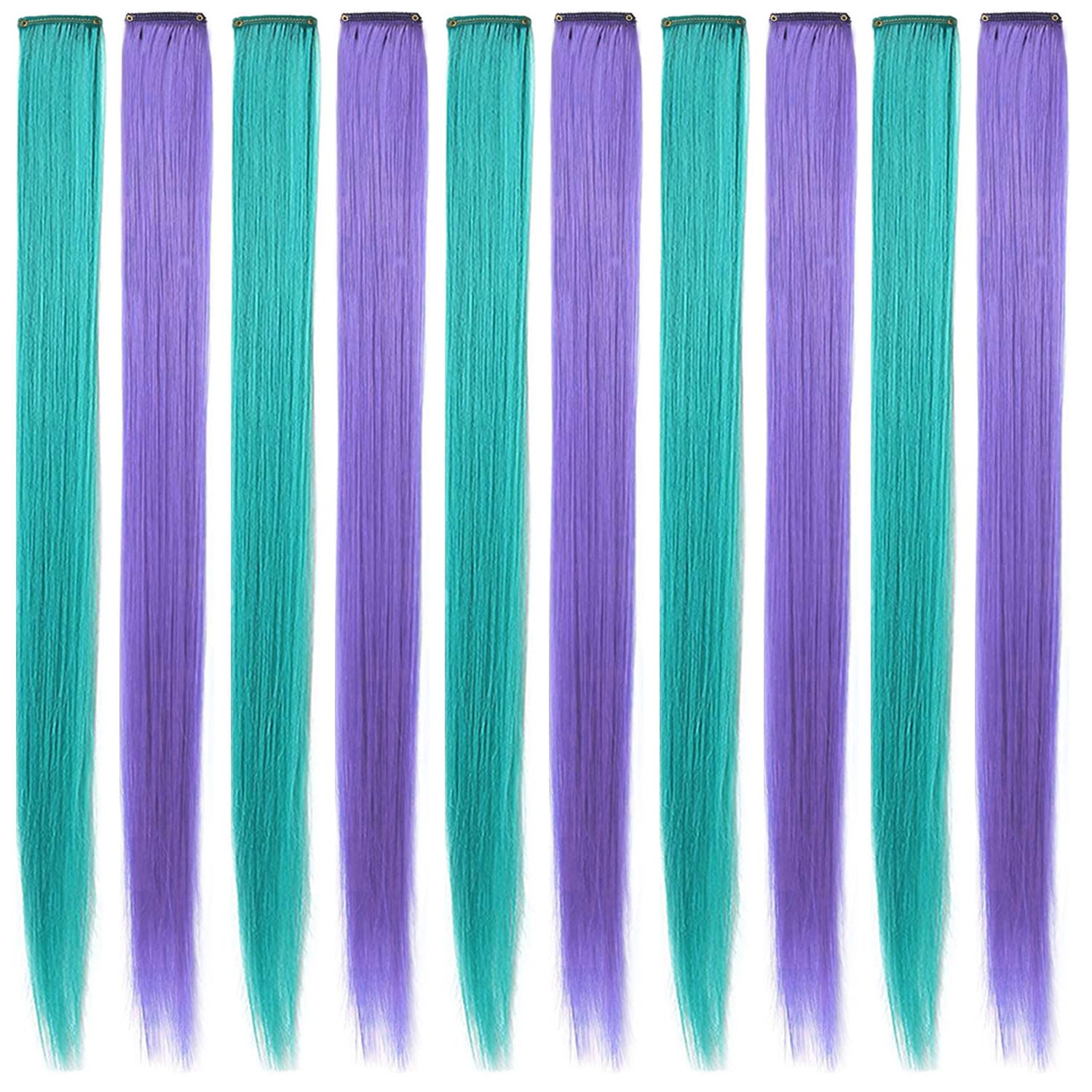 Lavender Pueple&Teal Colorful Hairpieces For Girls Multicolor Highlight Straight Clip In Colored Hair Extensions For Teens Adult