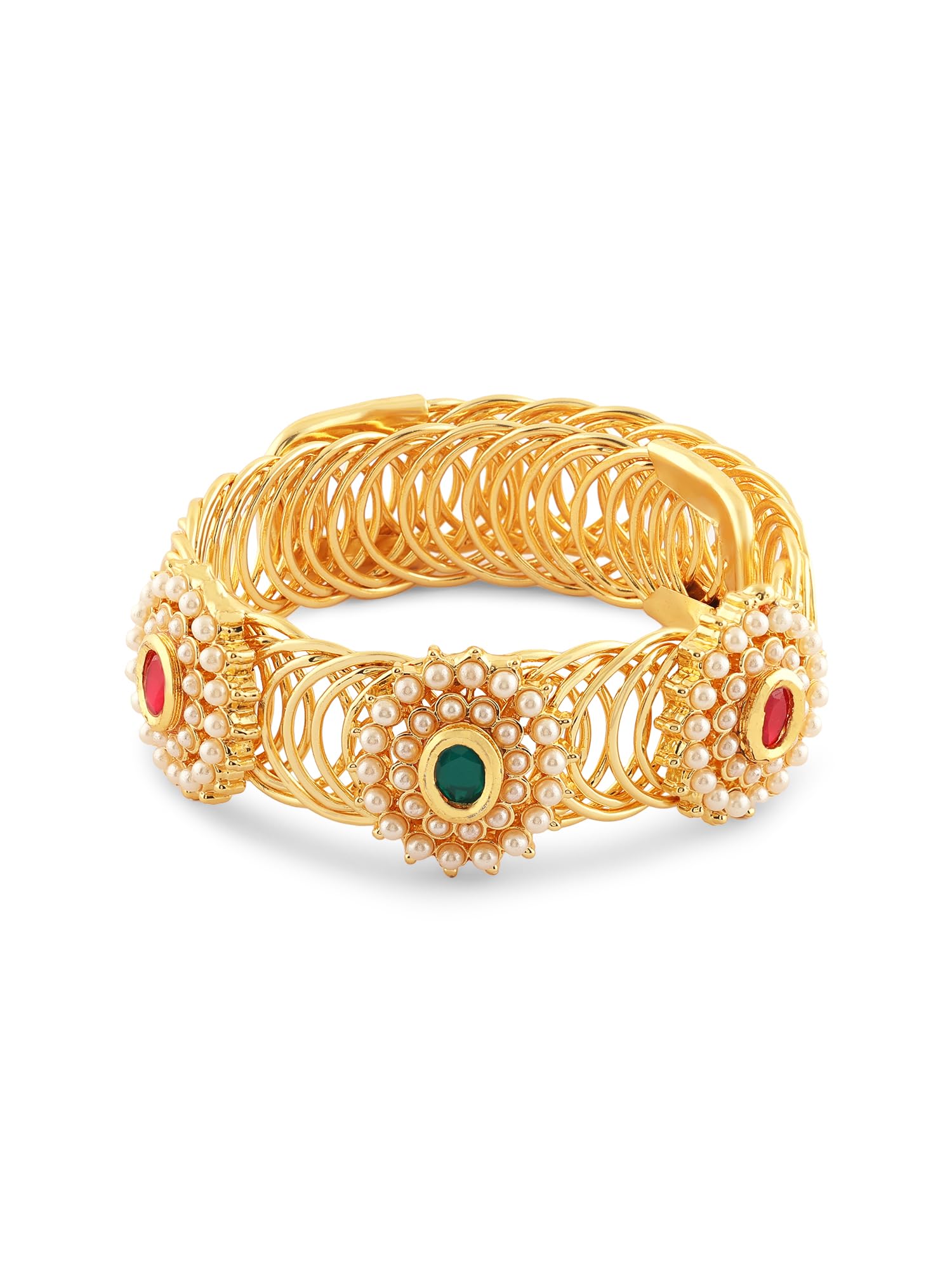 ZAVERI PEARLS Pink Green Stones & Pearls Embellished Flexible Ethnic Bangle Style Kada For WomenZPFK17132