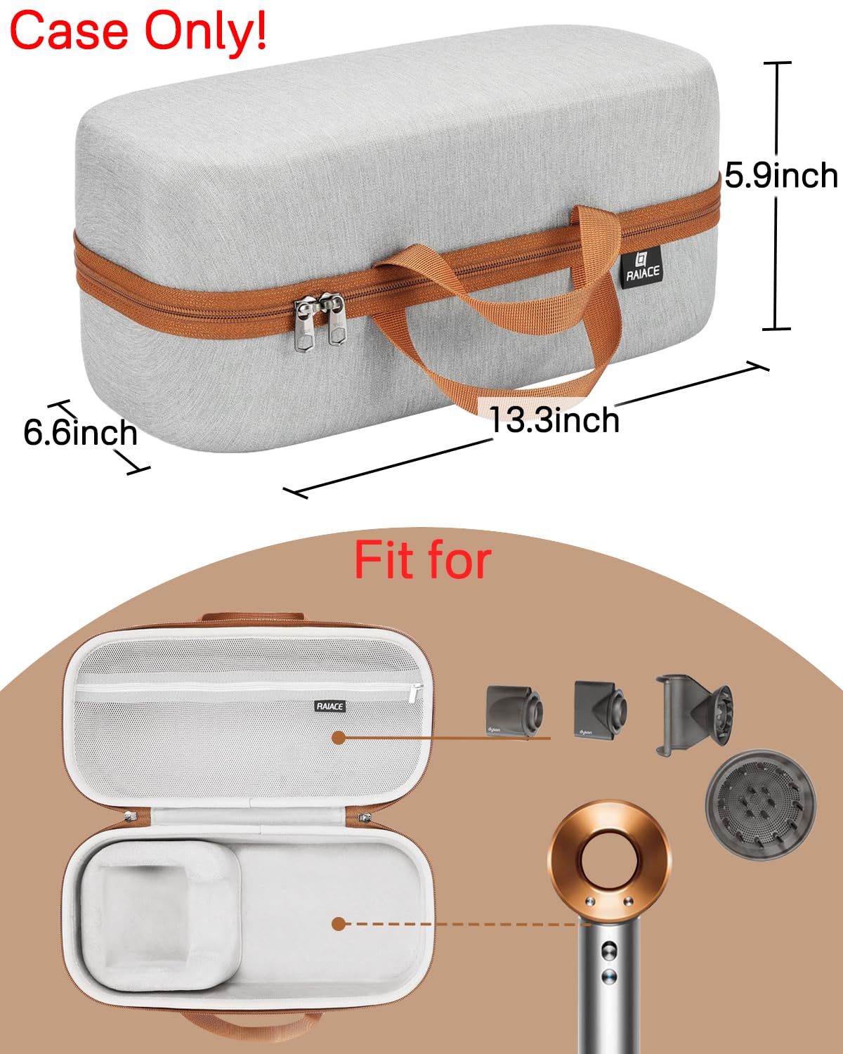 Raiace Hard Storage Case Compatible With Dyson Hair Dryer, Travel Carrying Bag. (For Sale Is Case Only). - Gray(Gray Lining)