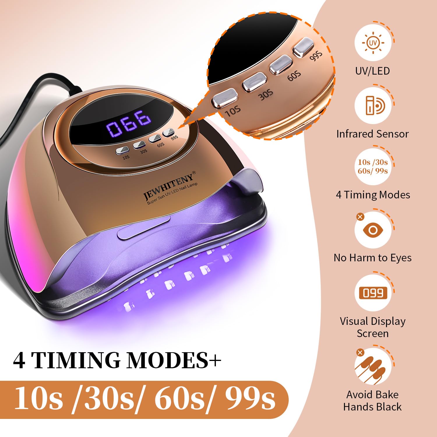 JEWHITENY Golden U V LED Light for Gel Nails:Nail Lamp with 4 Timers & Automatic Sensor Fast Curing Light for Gel Nail Polish Pr