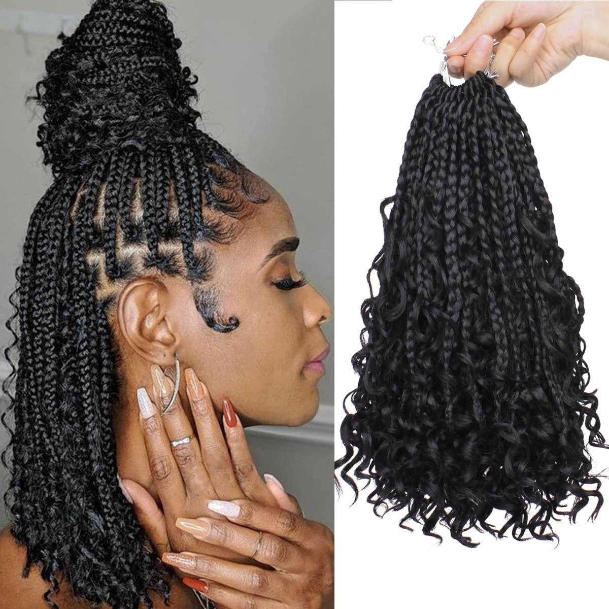 COOKOO 12 Inch Goddess Box Braids Crochet Hair 8 Pack Synthetic Bohemian Hippie Box Braids Crochet Hair Pre-looped With Curly En