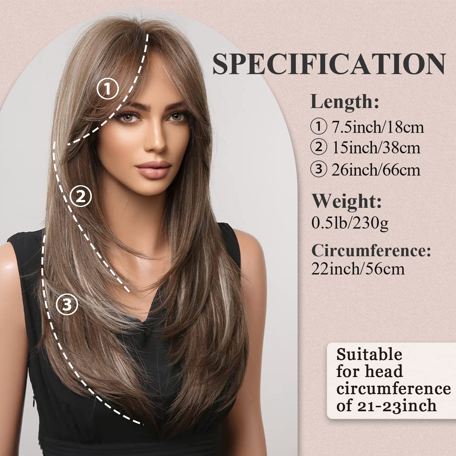EMMOR Long Layered Brown Wig with Grey Highlights, Heat Resistant Synthetic Fiber, Model lc259-25