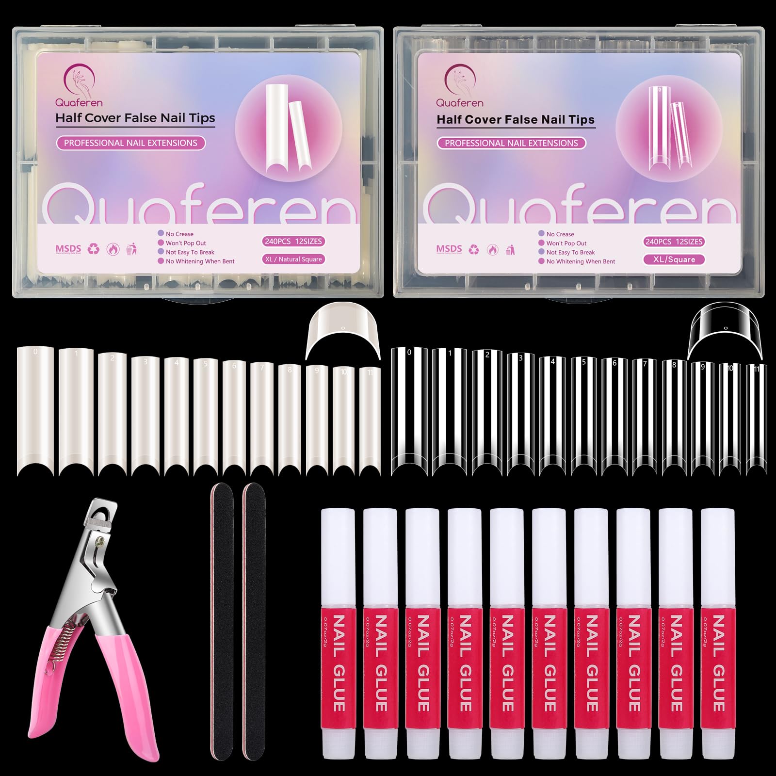 480Pcs Extra Long C Curve Nail Tips And Glue, 2 Packs Natural And Clear Acrylic For Nails Professional Set, 12 Sizes Artificial
