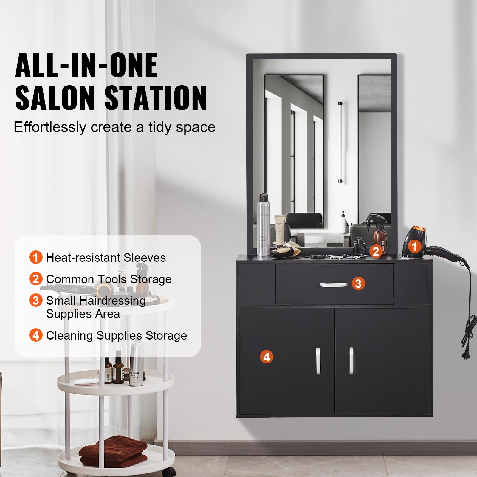 VEVOR Salon Storage Cabinet, Wall Mounted Barber Salon Station for Hair Stylist, Hair Stylist Station Set, with 3 Sleeves, A Mir