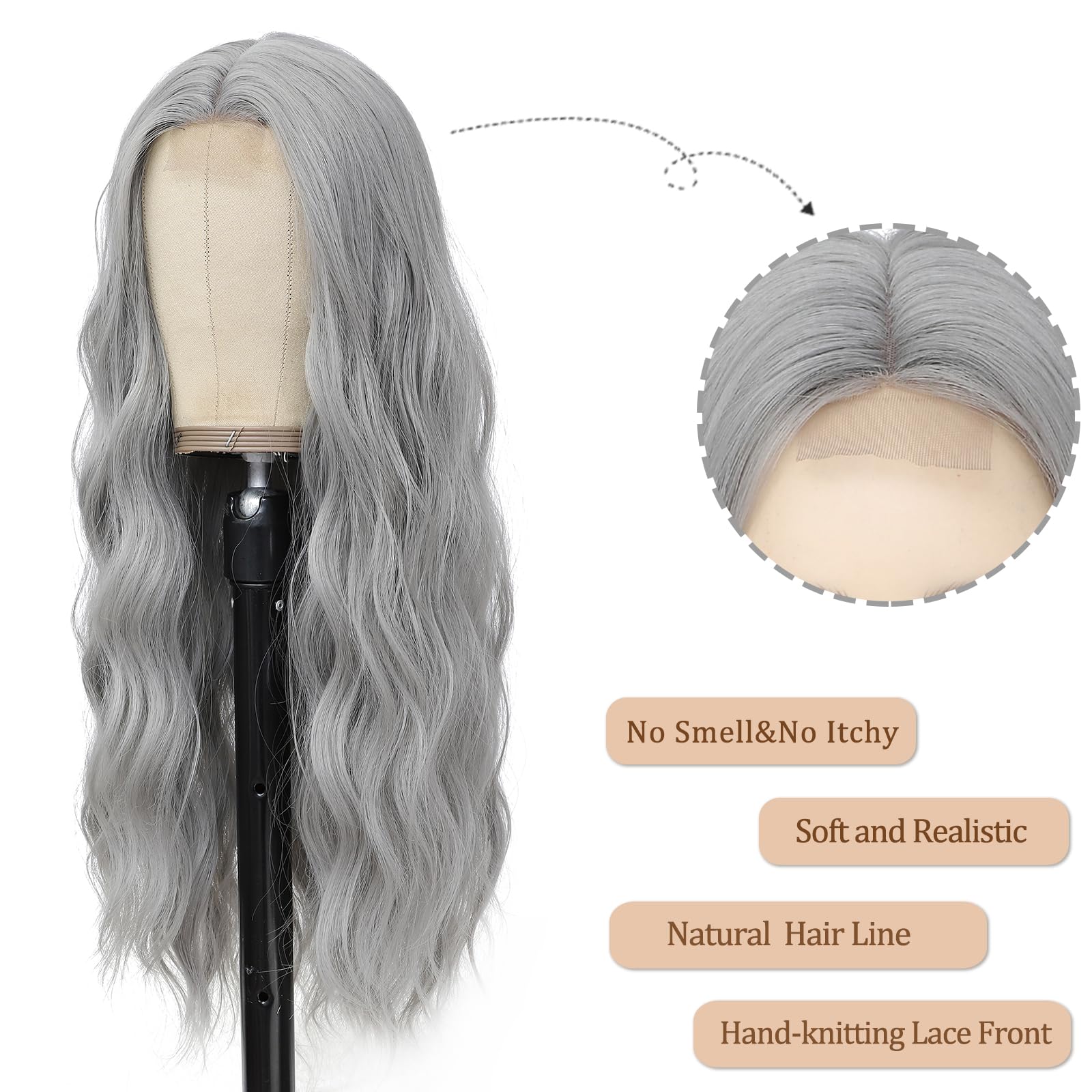 Ybymcai Grey Wig - Long Sliver Wavy Wigs For Women Middle Part Gray Wig 26 Inch Natural Curly Synthetic Wig Heat Resistant Fiber
