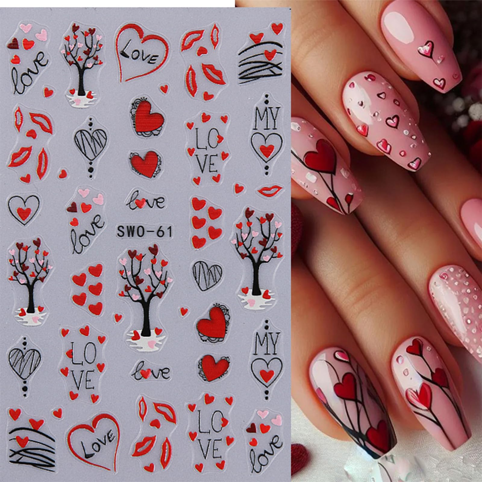 Lbpepamz 8Sheet Valentine'S Day Nail Stickers 5D Embossed Angel Pink Ombre Heart Nail Art Stickers 3D Self-Adhesive Red Love Hea