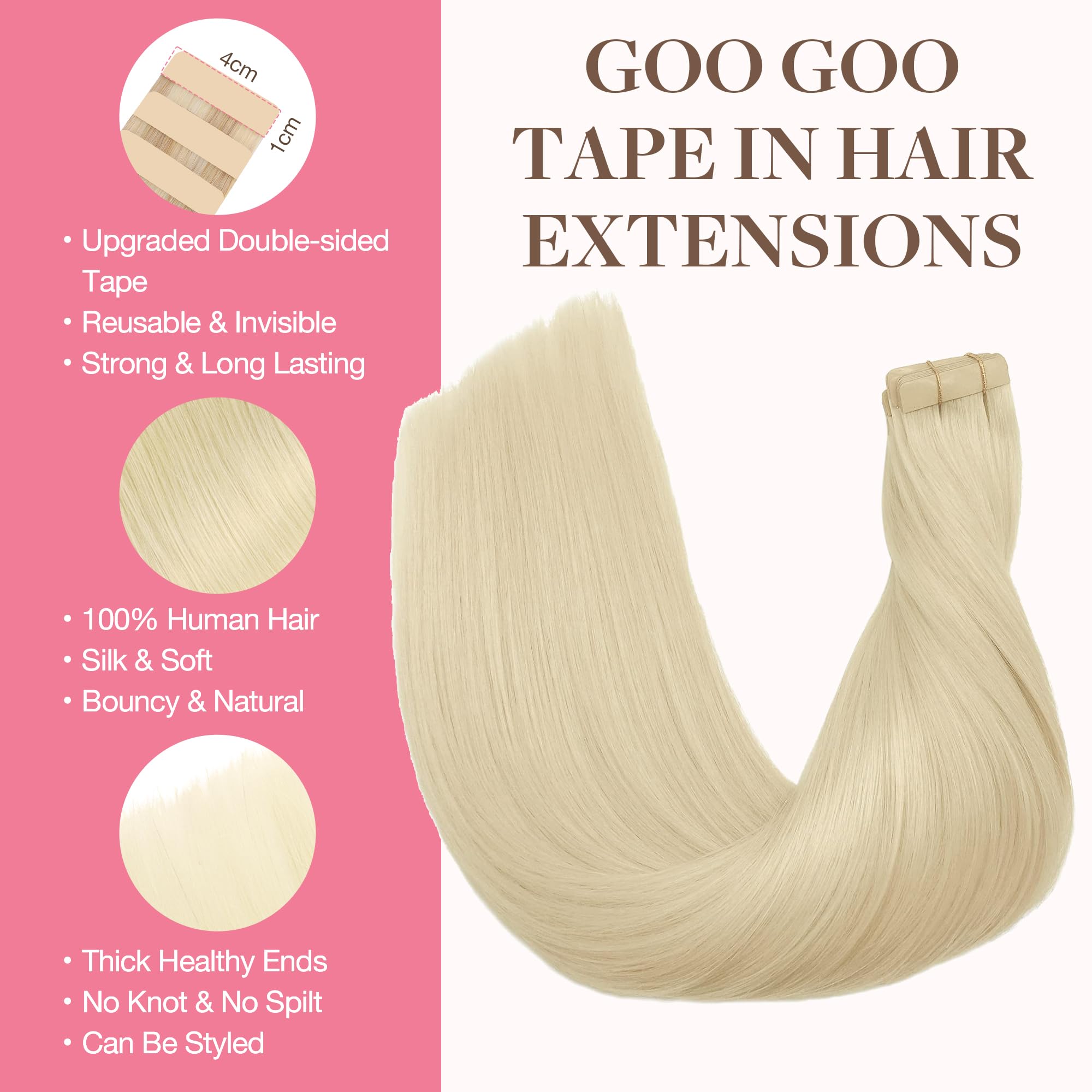 Goo Goo Tape In Hair Extensions Human Hair, 60A Platinum Blonde, 20Inch 100G 40Pcs, Thick Ends Straight Seamless Tape In, Invisi