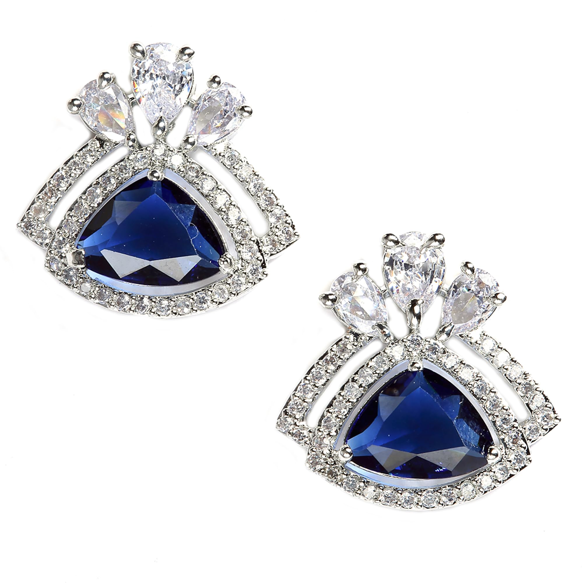 Zeneme Rhodium Plated American Diamond Studded Triangular Studs Earring Jewellery For Women and Girls (Blue)