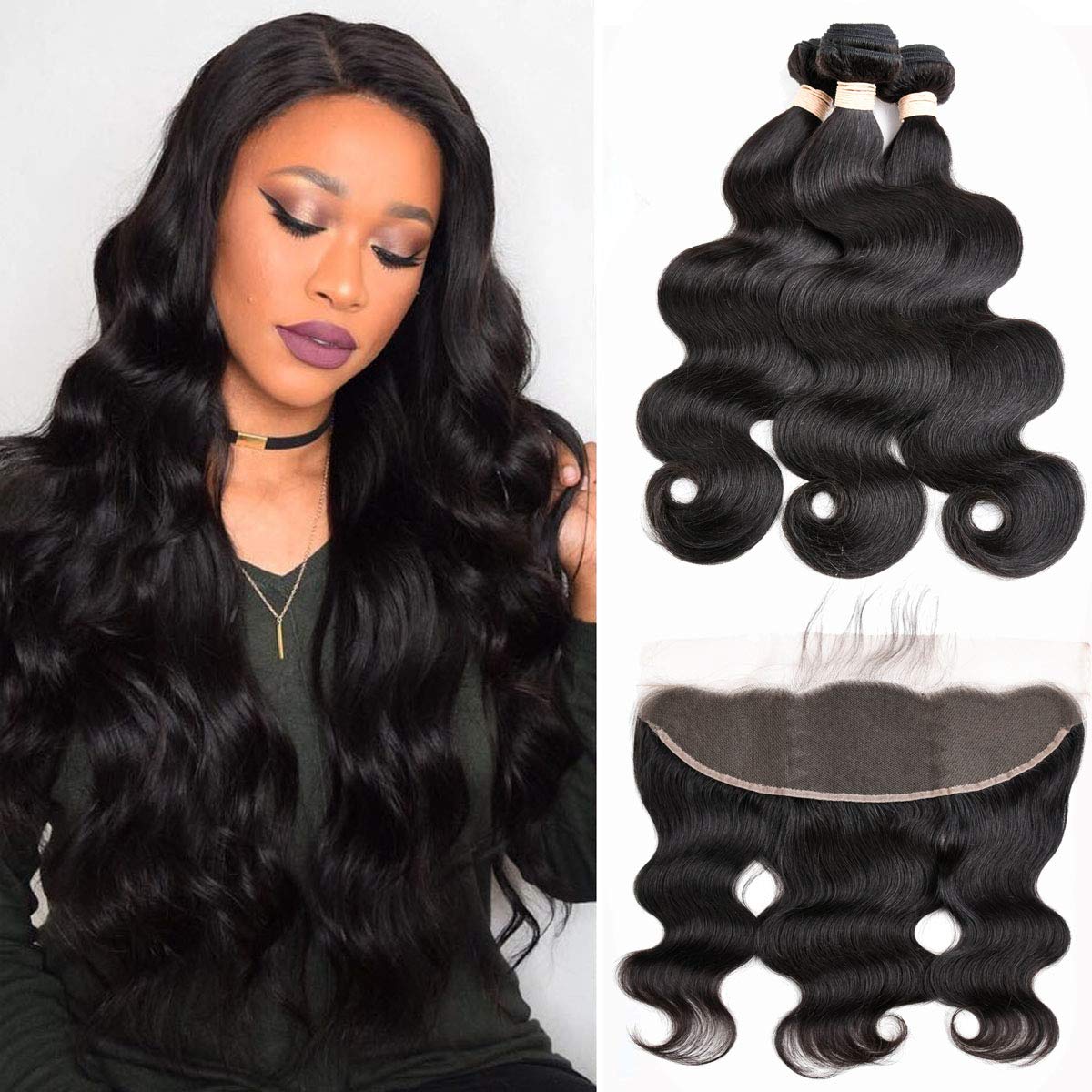 Beauhair Body Wave Bundles with Frontal Human Hair 3 Bundles with Lace Frontal 8A (26 26 26+20, Natural Black) Brazilian Body Wa