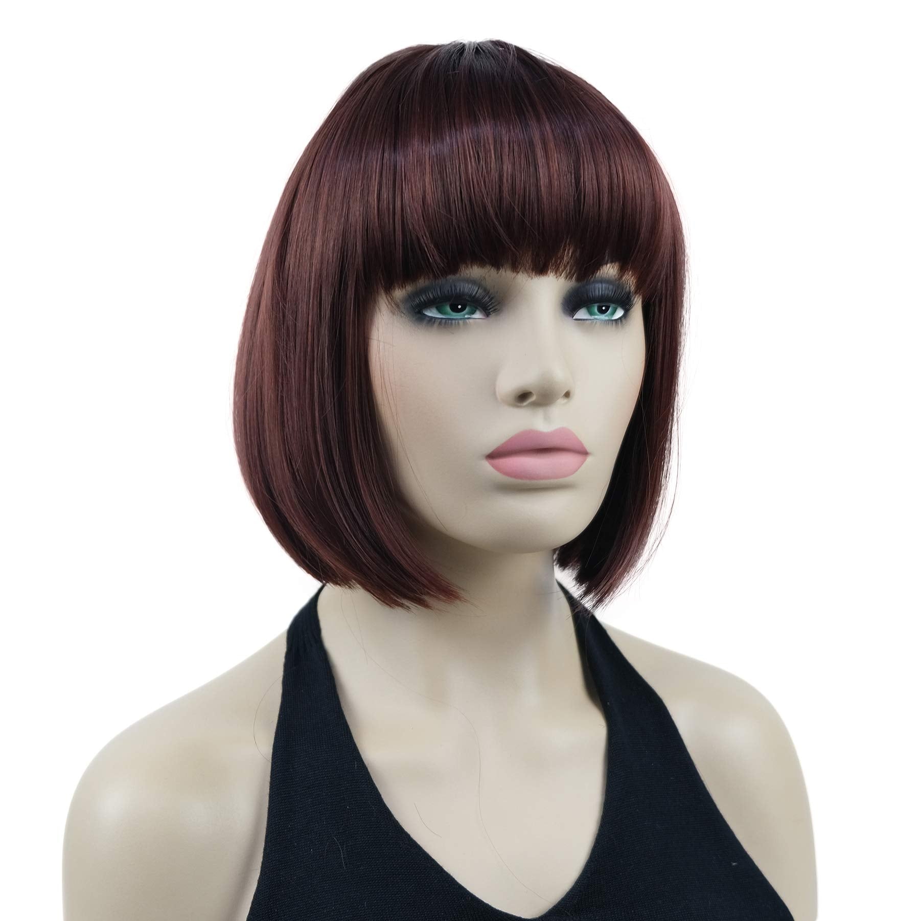 Lydell 8'' Straight Short Bob Hair Flat Bangs Cute Central Dot Skin Top Heat Resistant Synthetic Wigs (33A Dark Auburn)