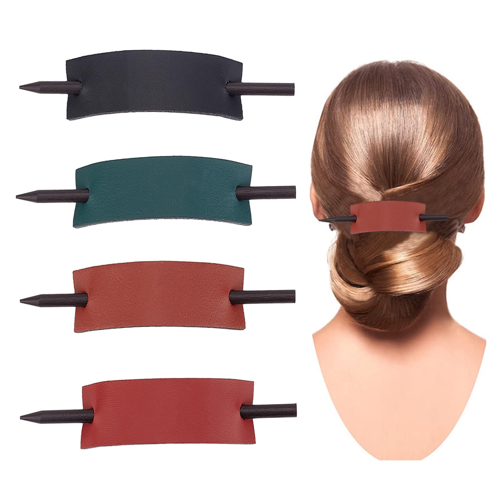 NICENEEDED 4 Pcs Leather Hair Barrette with Stick, Solid Color Hair Slider Pin, Ponytail Holders Hair Platters Ponytail Hairpin 