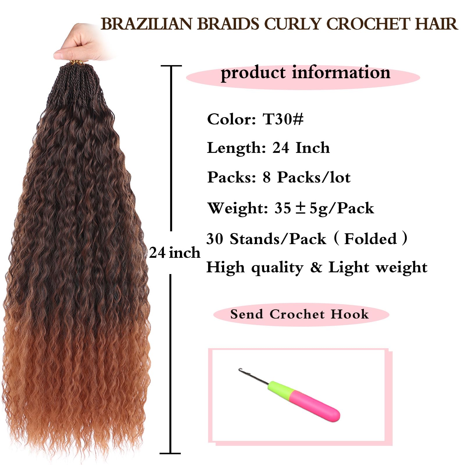 Xtrend Pre Looped Brazilian Micro Kinky Curly Crochet Hair 24 Inch 8 Packs Ombre Brown Yaki Kinky Curly Water Wave Crochet Hair