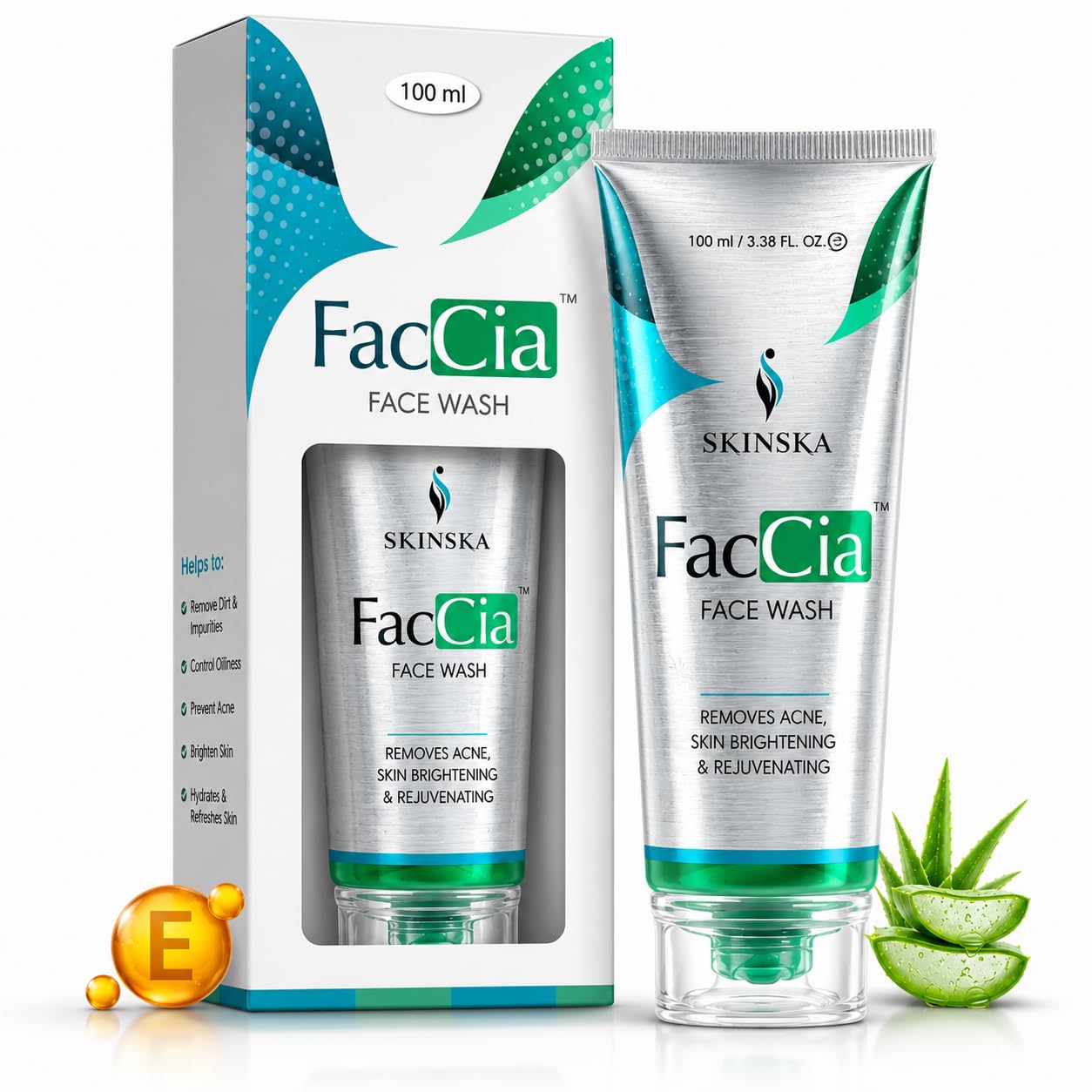 Skinska Naturals Faccia AntiAging Face Wash Gel (100Ml) | Glycolic Acid 1%, Vitamin E 0.1% & Aloe Vera 5% | Helps Reduce Acne, 