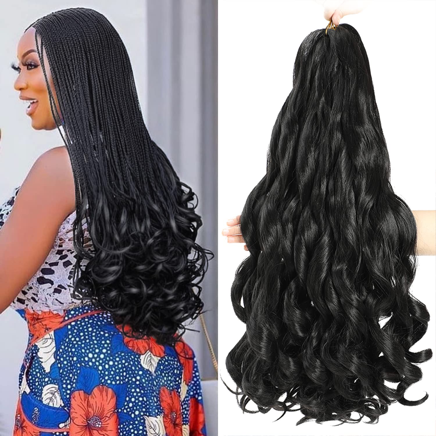 French Curly Braiding Hair 18 Inch 8 Packs Black Color - Pre Stretched Bouncy Braiding Hair- Loose Wavy Braiding Hair Synthetic 