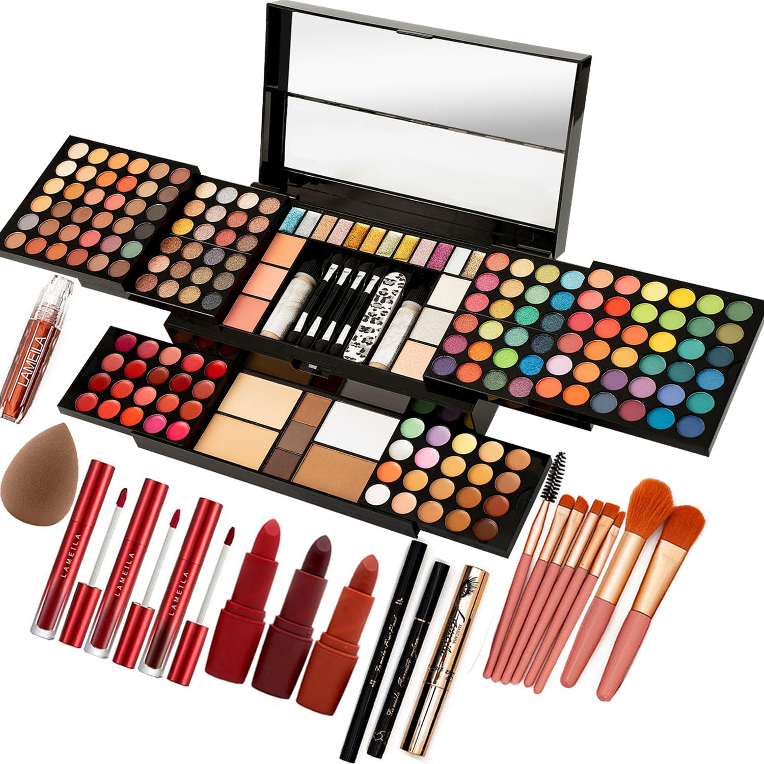 MISS ROSE M 187 Colors Professional Makeup Palette - All-in-One Kit With Eye Shadows, Lipsticks, Mascara, Foundations, Blushes, 