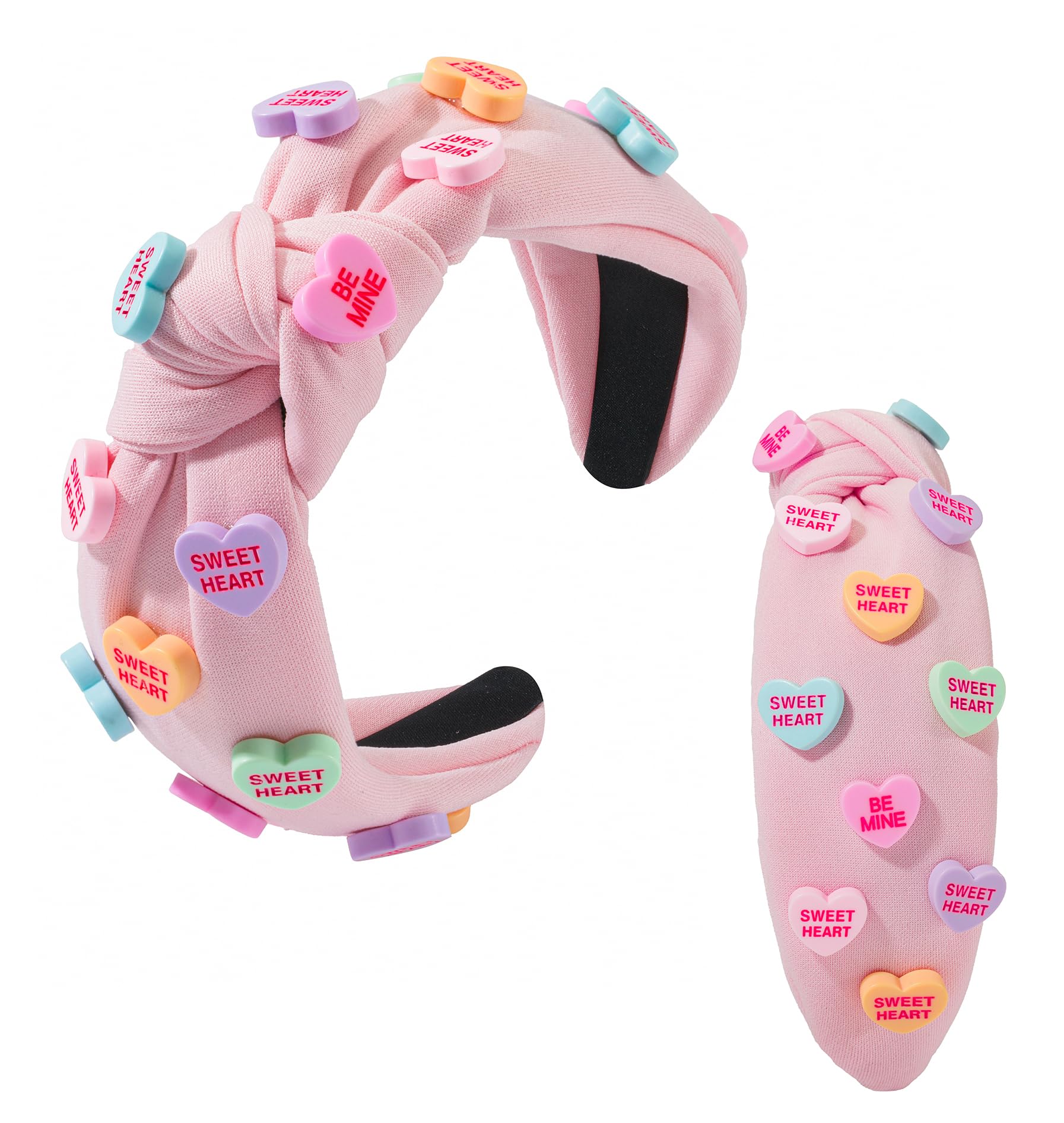 Valentine's Day Heart Candy Embellished Pink Headband Conversation Love Heart Charm Knotted Headband Non Slip Wide Top Knot Fash