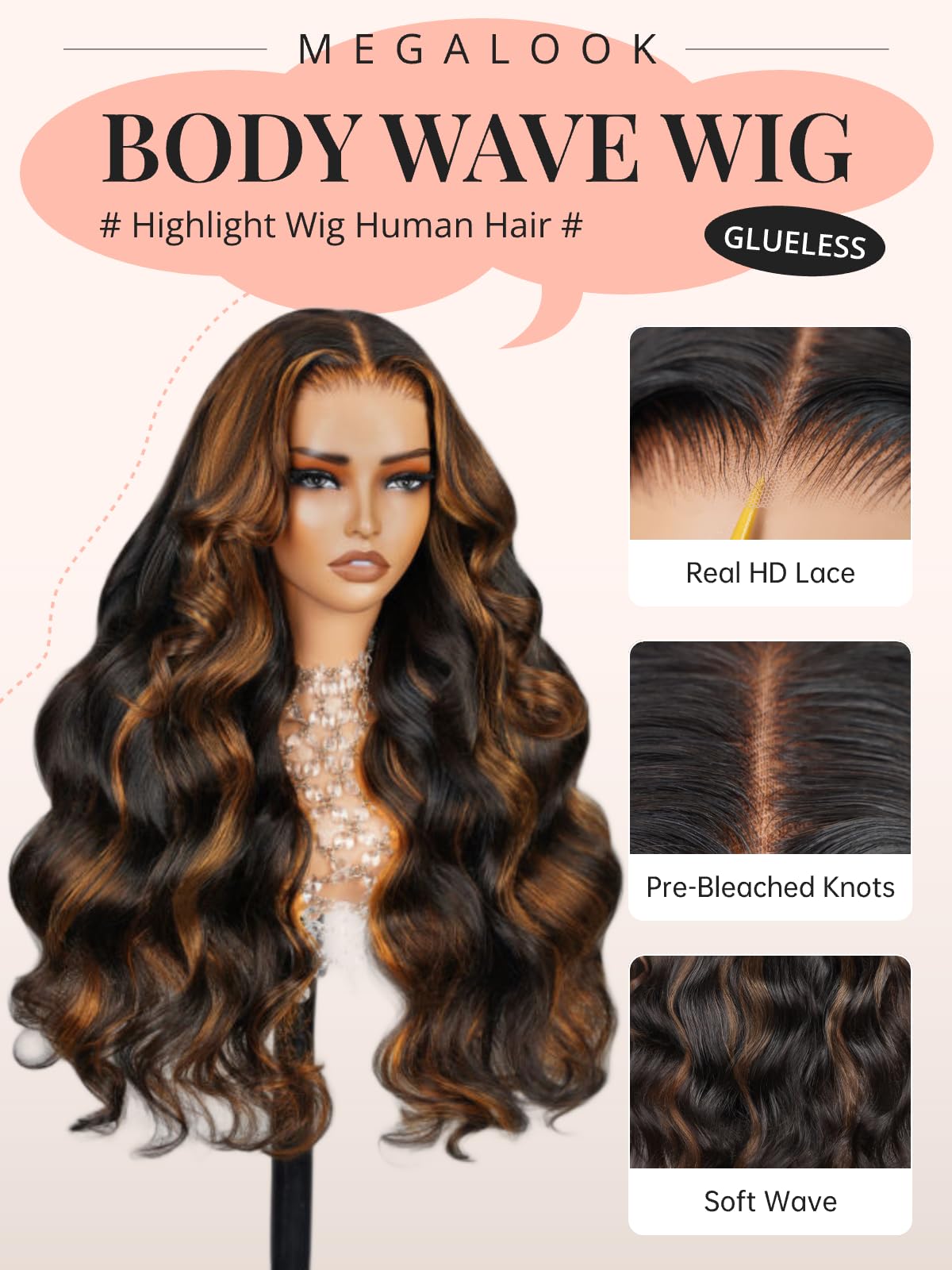 Megalook Highlight Ombre Glueless Wig Human Hair Upgraded 12A Pre Plucked Wear And Go Glueless Wig Pre Cut 6X5 Hd Closure Wigs H