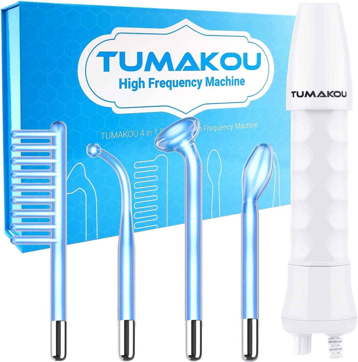 High Frequency Facial Wand - TUMAKOU Portable Handheld Blue High Frequency Facial Machine - 4 Different Blue Glass Tubes for Ski