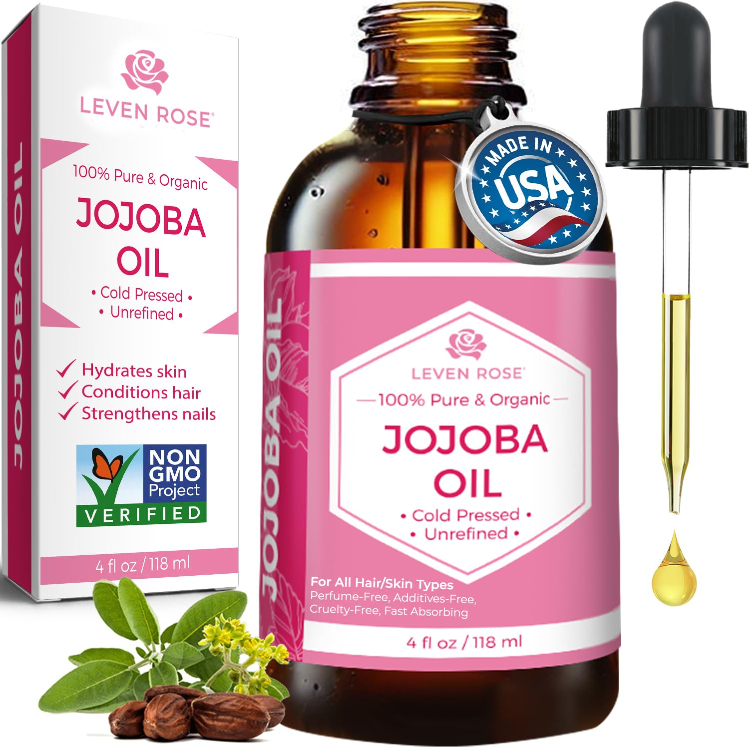 Leven Rose Jojoba Oil, Pure Cold Pressed Natural Unrefined Moisturizer For Skin Hair And Nails, 4Oz