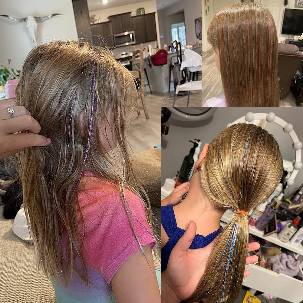 Hair Tinsel Kit With Tools 47Inch 1200 Strands glitter Tinsel Hair Extensions Sparkling Shiny Hair Tinsel Strands Kit Heat Resis