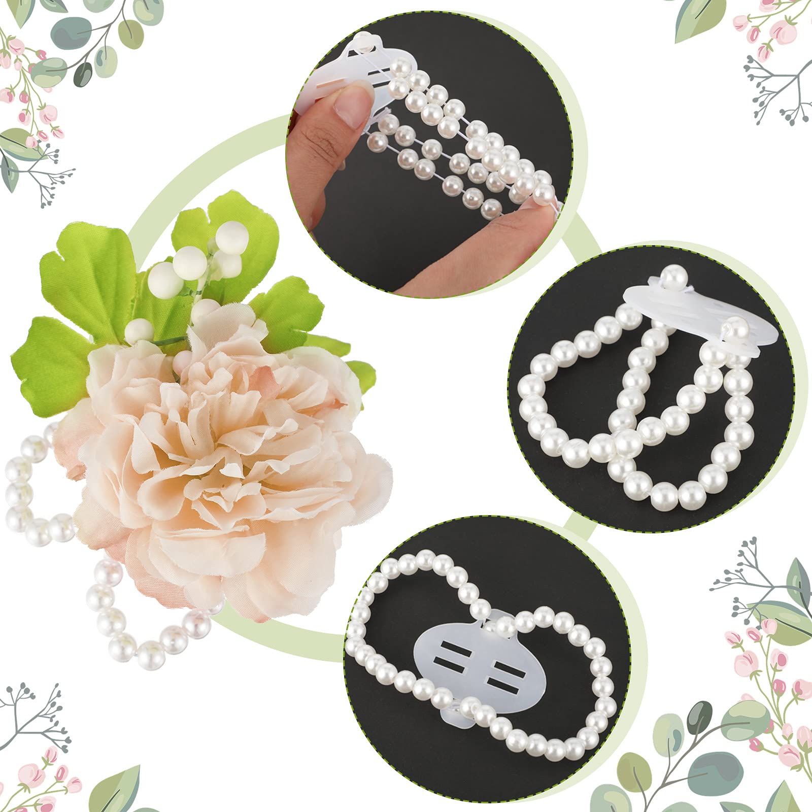 4 Pieces Corsage Wristlet Band Elastic Pearl Wrist Wedding Corsage Pearl Bracelet Stretch Pearl Wedding Wristband Faux Pearl Bea
