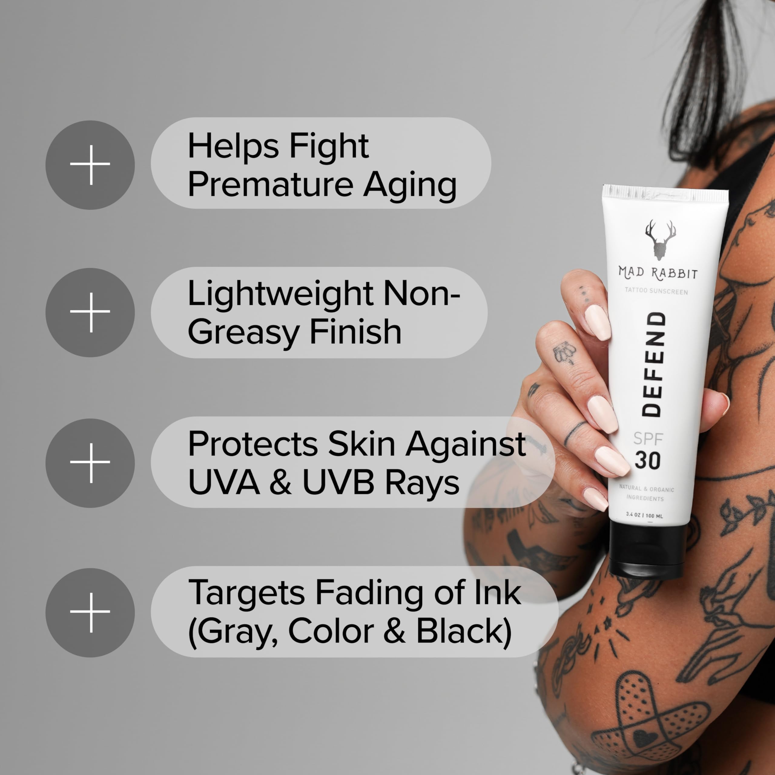 Mad Rabbit Defend Tattoo Sunscreen- SPF 30 100mL Tube- Mineral Sunscreen Lotion - Tattoo Fade Protection and Moisturizer, Anti-A