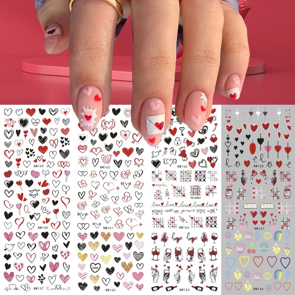 12 Sheets Valentine'S Day Nail Art Stickers Colorful Abstract Heart Love Design Water Transfer Nail Foils Decals Heart Valentine