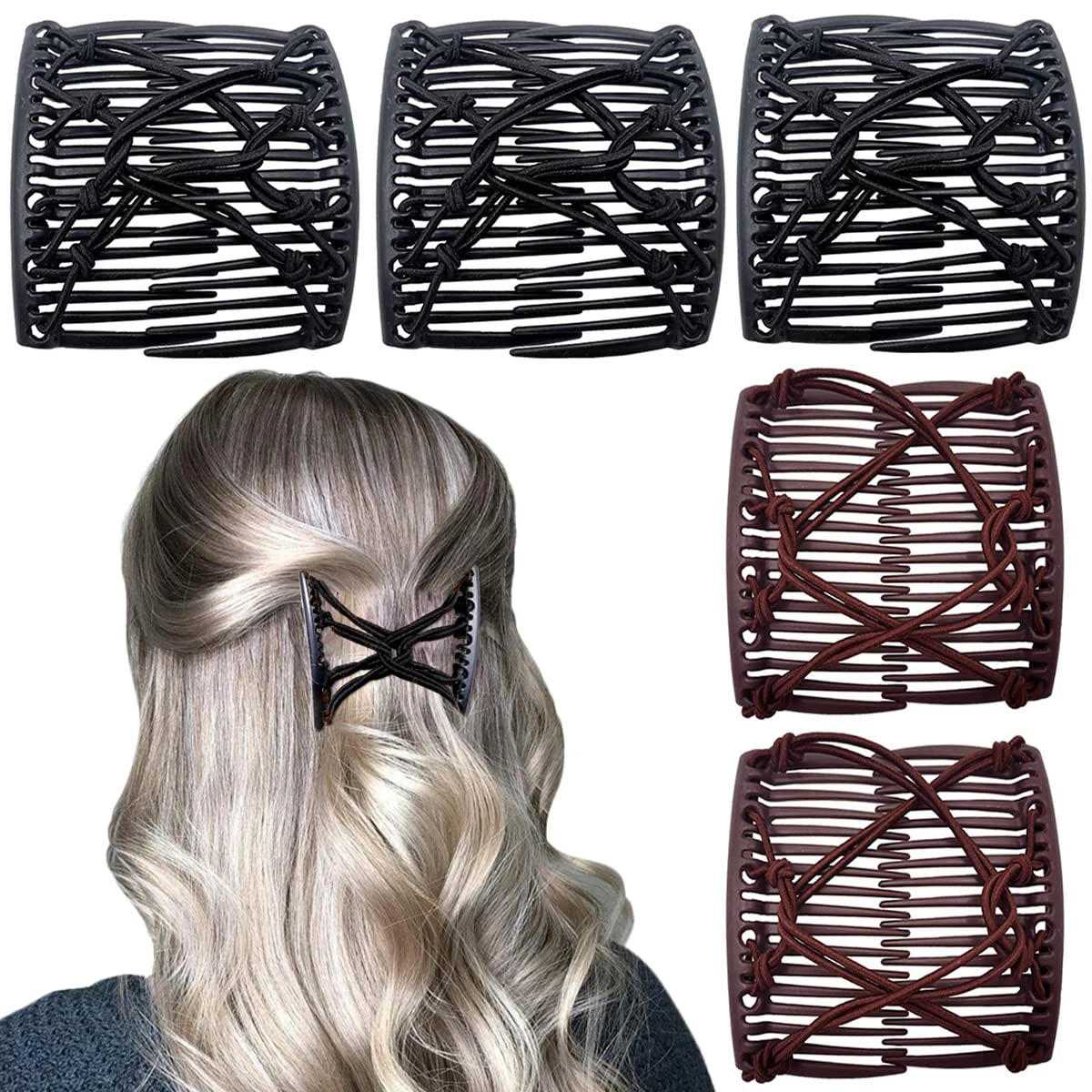 5 Pieces Elastic Magic Hair Comb Stretchy Double Comb Hair Forks Clips for Women Girls Vintage Hairstyle Multipurpose Hair Acces