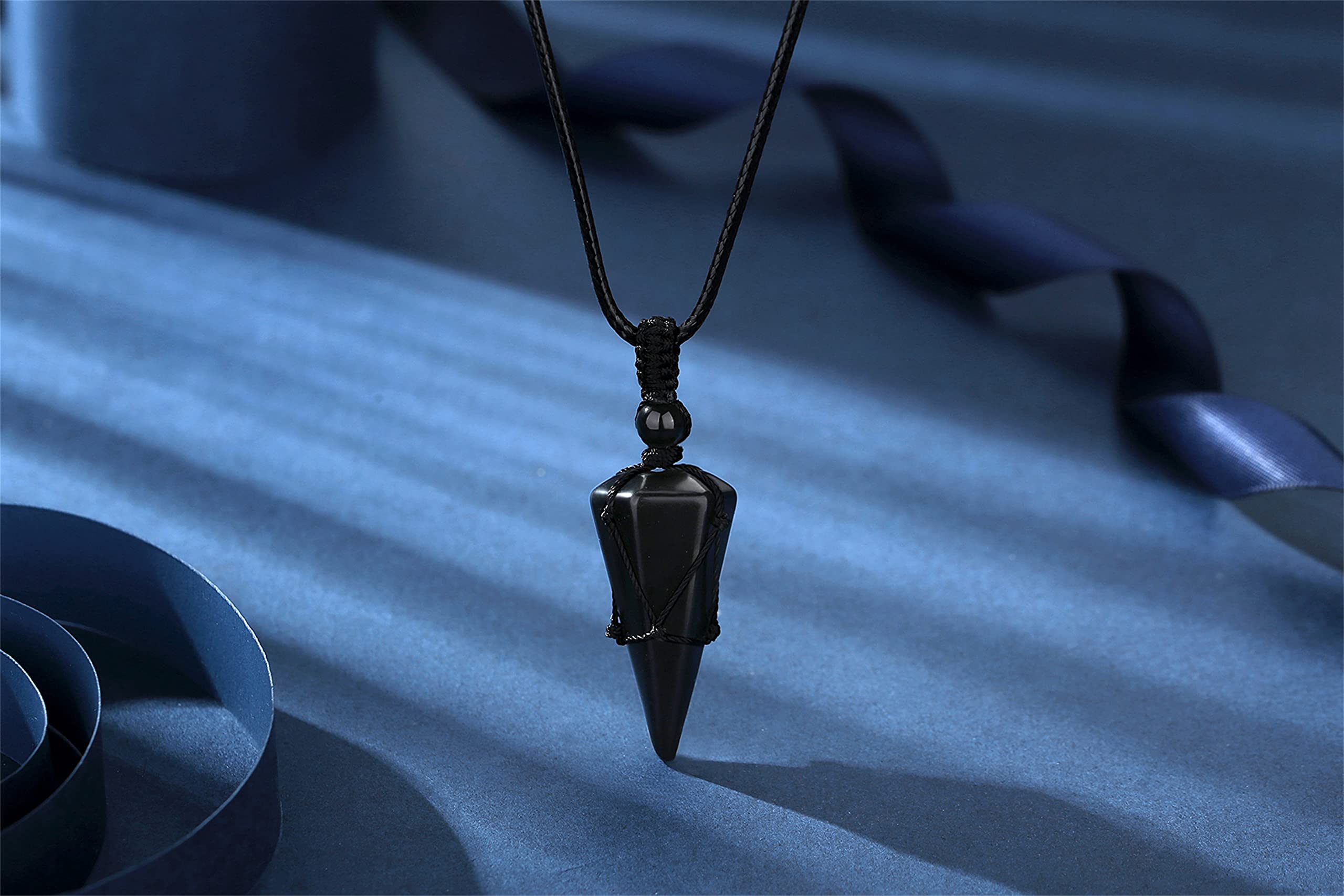 MAIBAOTA Black Obsidian Crystal Stone Necklaces for Men Women Healing Crystal Stone Pendant Necklace Adjustable Rope Natural Poi