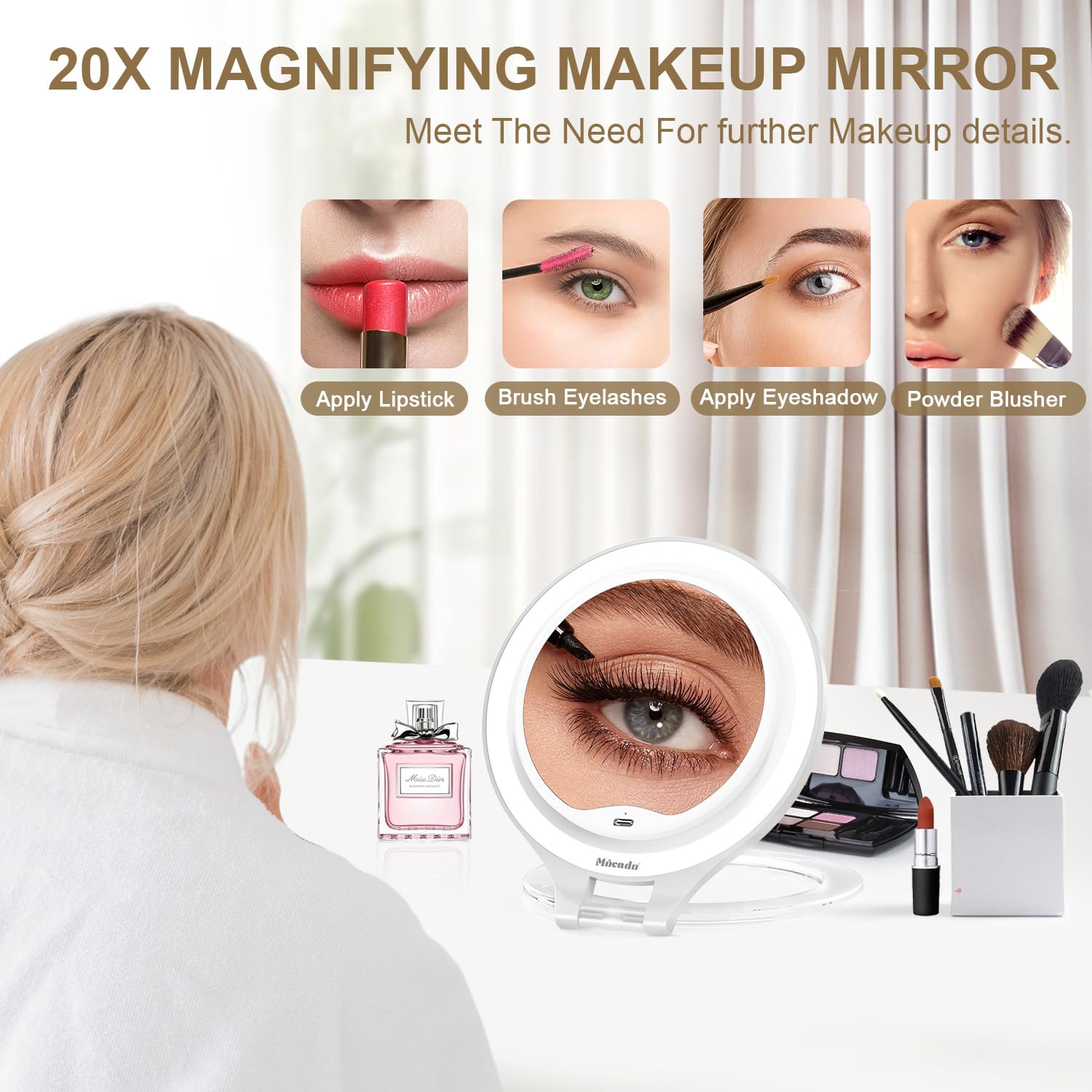 Mocado Travel Makeup Mirror with Light, 1X/20X Magnifying Mirror with Light, Double Sides Travel Mirror with 3 Color Light, Dimm