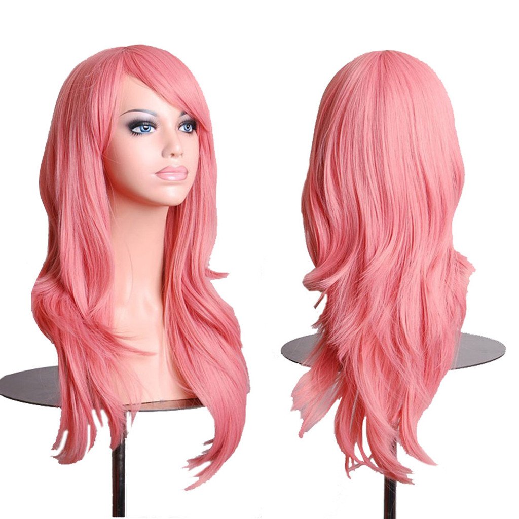 Aneshe Wigs 28'' Long Wavy Hair Heat Resistant Cosplay Wig For Women (Pink)