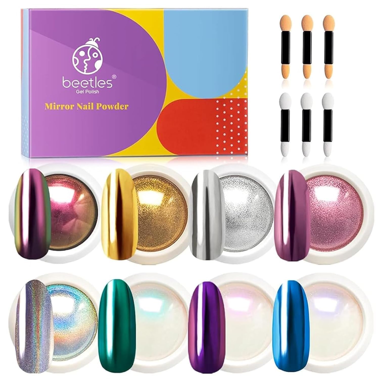 Beetles Chrome Nail Powder Mirror Effect Holographic Aurora Iridescent Pearlescent Manicure Nail Art Decoration Glitter, 8 Color