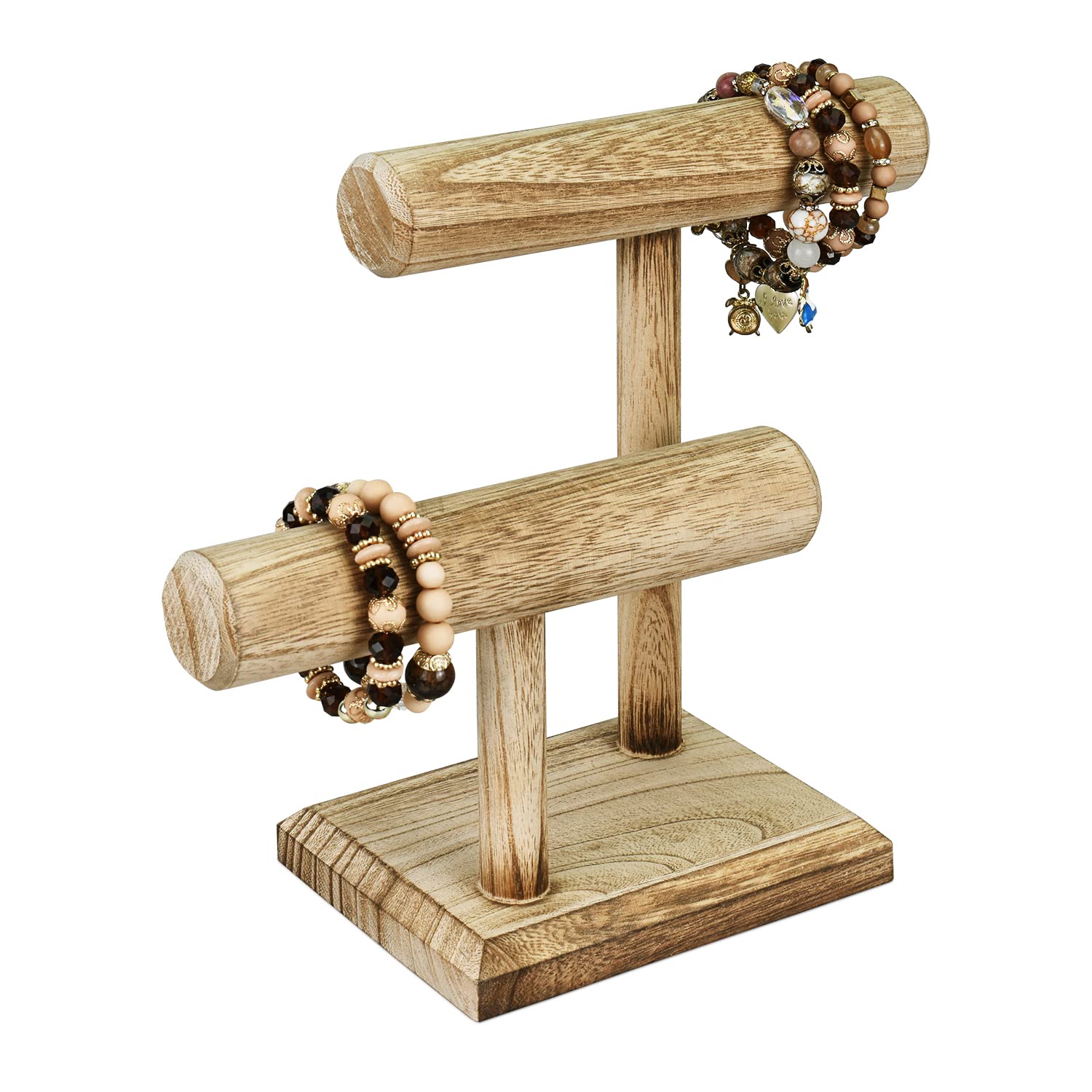 Ikee Design 2 Tier Wooden Jewelry Bracelet Watch Display Tower, Bangle Scrunchie Necklace Holder Storage Stand, Oak Color, 7.9 W