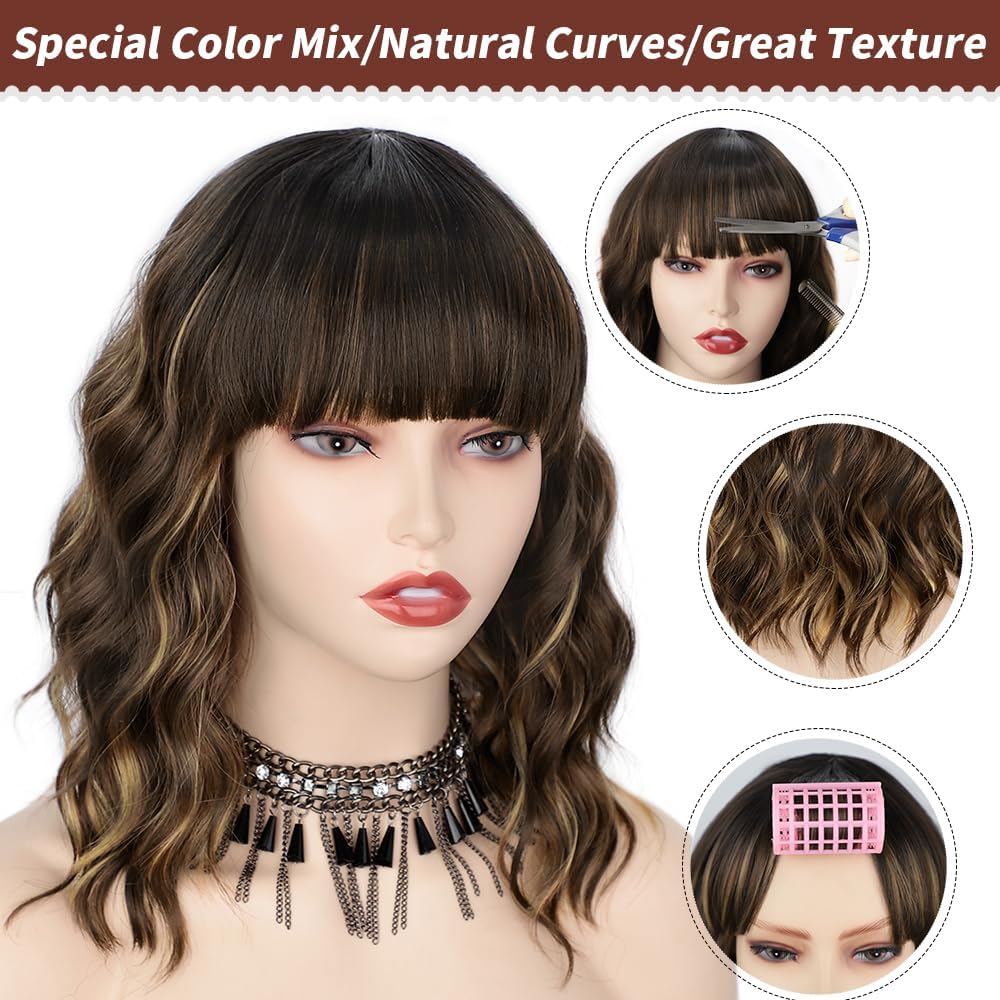 Aisi Hair Synthetic Curly Bob Wig With Bangs Natural Brown With Blonde Highlight Short Wavy Bob Hair Wigs For Women Natural Look