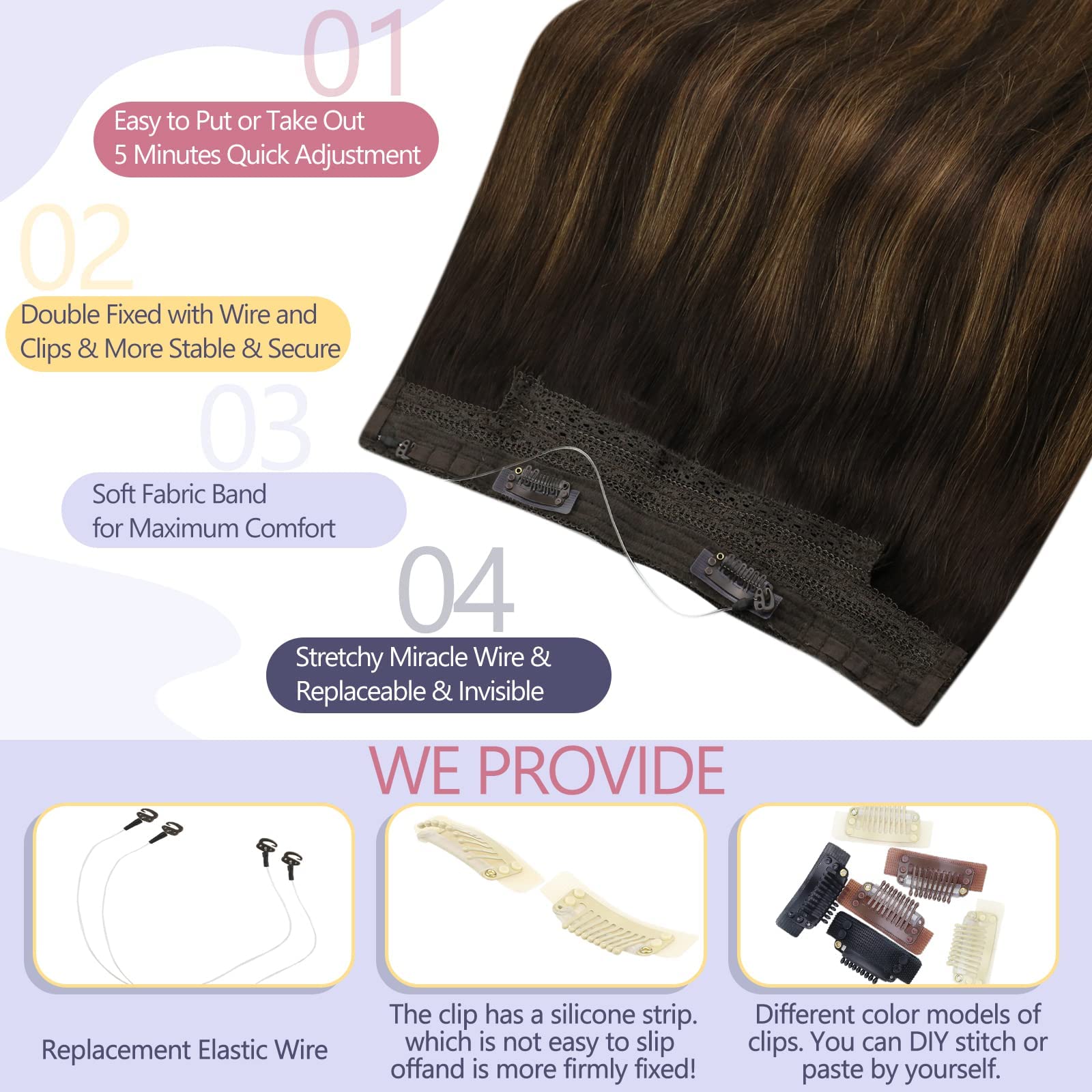 Sunny Wire Human Hair Extensions Brown Ombre Fishing Line Hair Extensions Balayage Dark Brown To Chestnut Brown Mix Brown Wire H