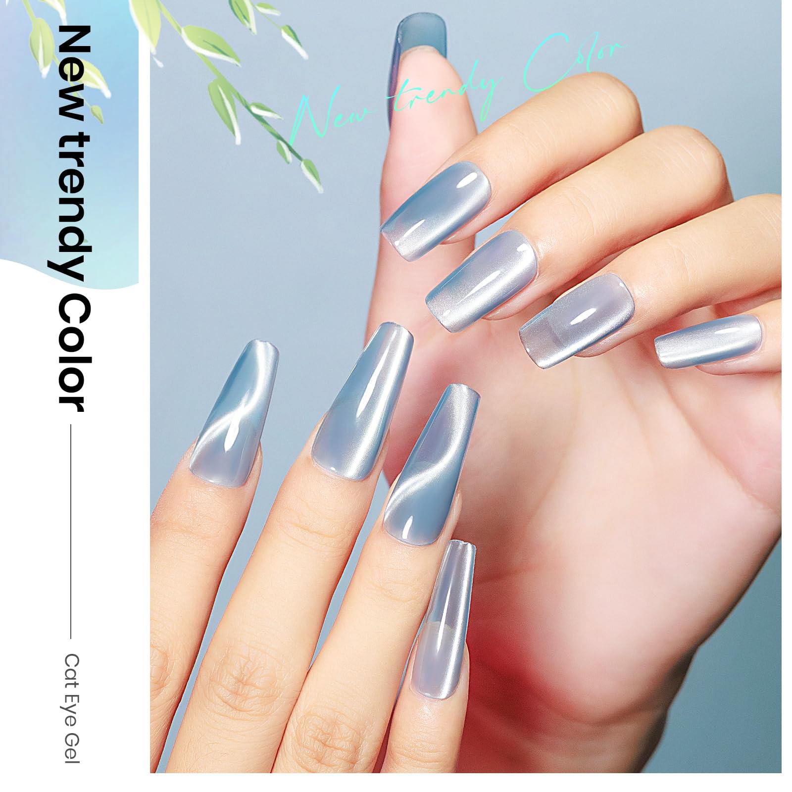 Mizhse Cat Eye Gel Nail Polish Ceramic Moonlight Magnetic Gel Polish With Magnet Stick, Crystal Glass Blue Spring Colors Smoothi