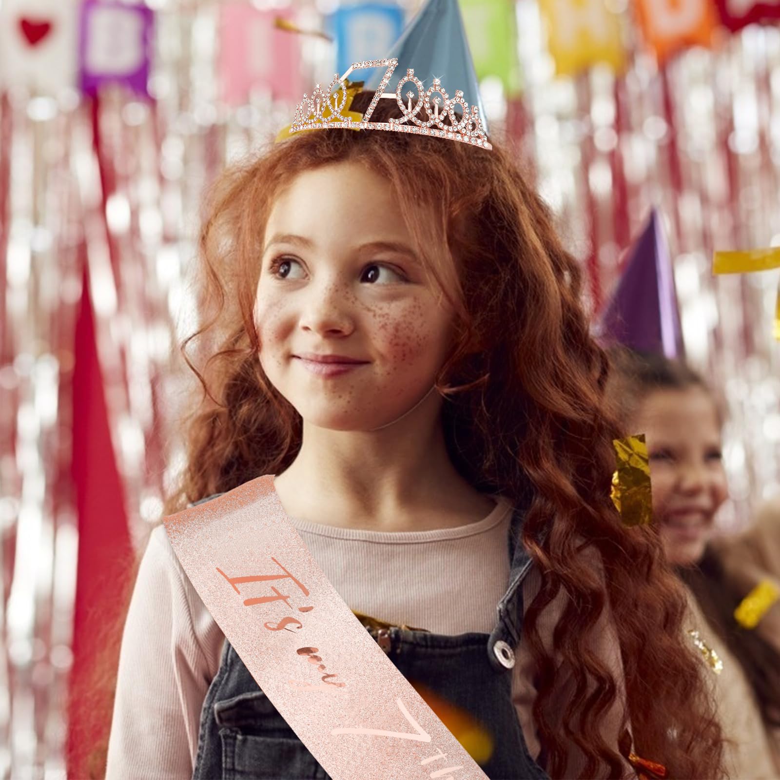 CIEHER 7th Birthday Crown + Sash + Pearl Pin Set, Girls' 7th Birthday Gifts and Happy Party Decorations