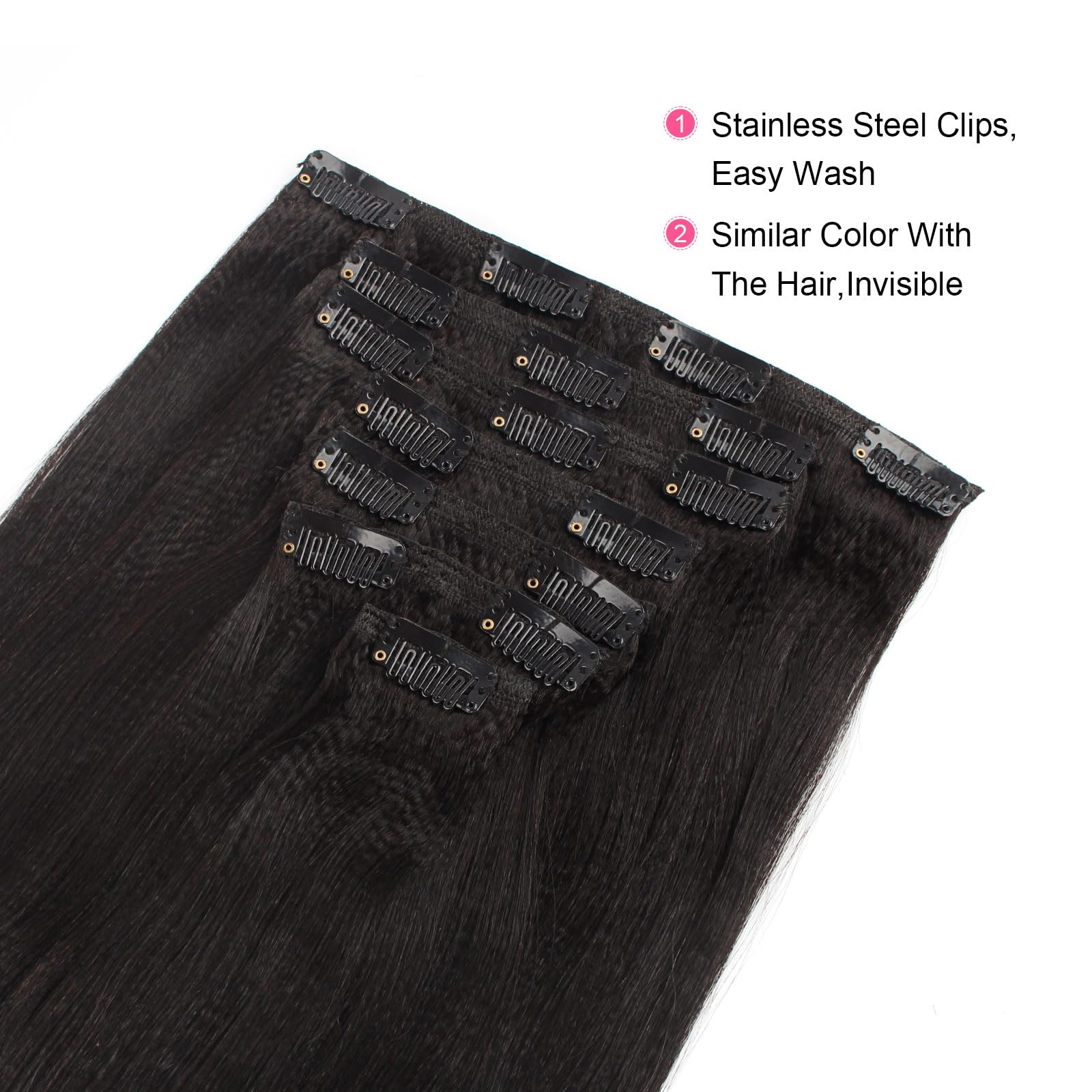 ABH AmazingBeauty Hair Yaki Straight Clip in Hair Extensions Real Remy Thick Natural Black for African American Relax Hair 7 Pie