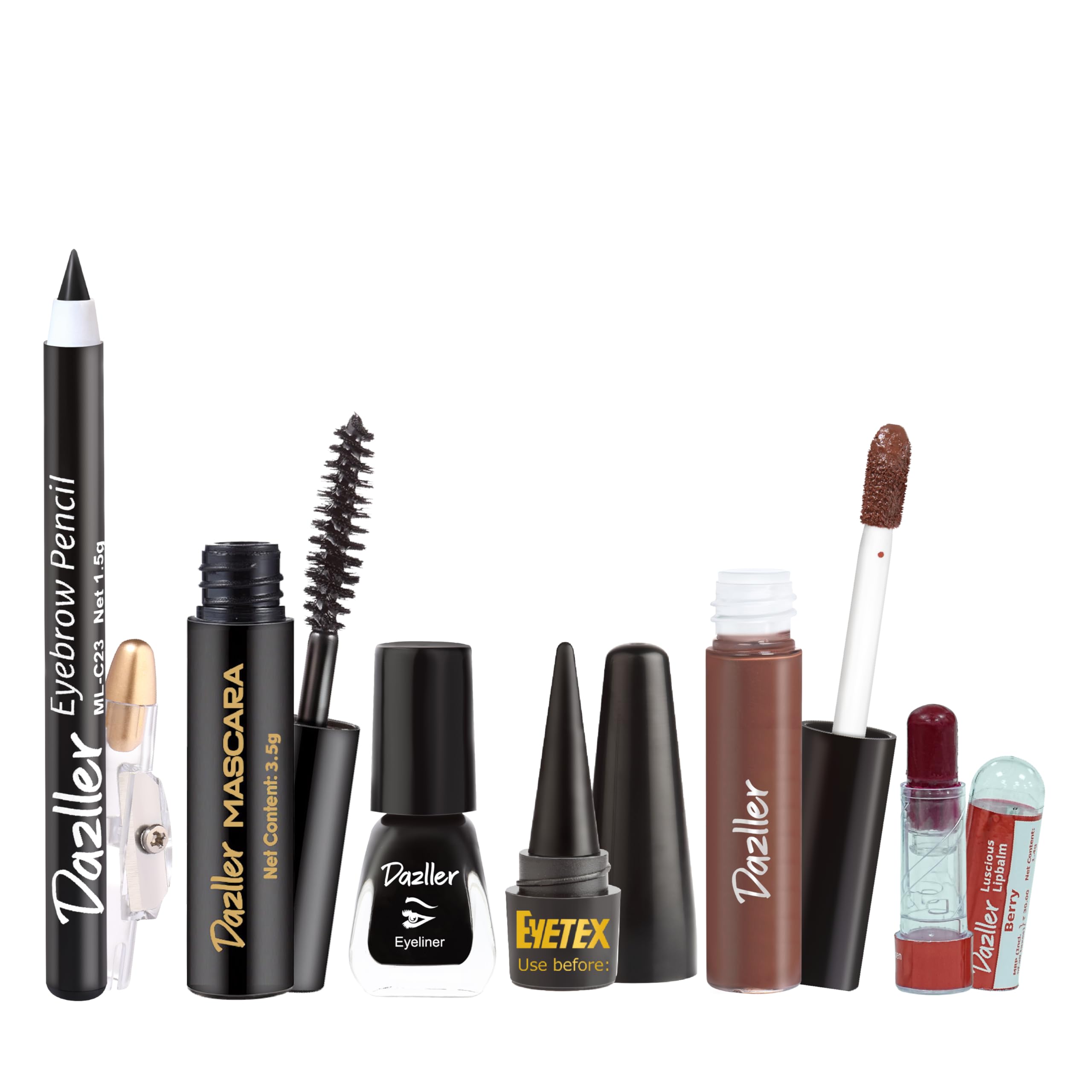 Dazller Insta Ready Mini Makeup Kit For Women | Eyeliner, Kajal, Lip Balm, Lipstick, Eyebrow Pencil, Mascara | Long Stay, Smudge