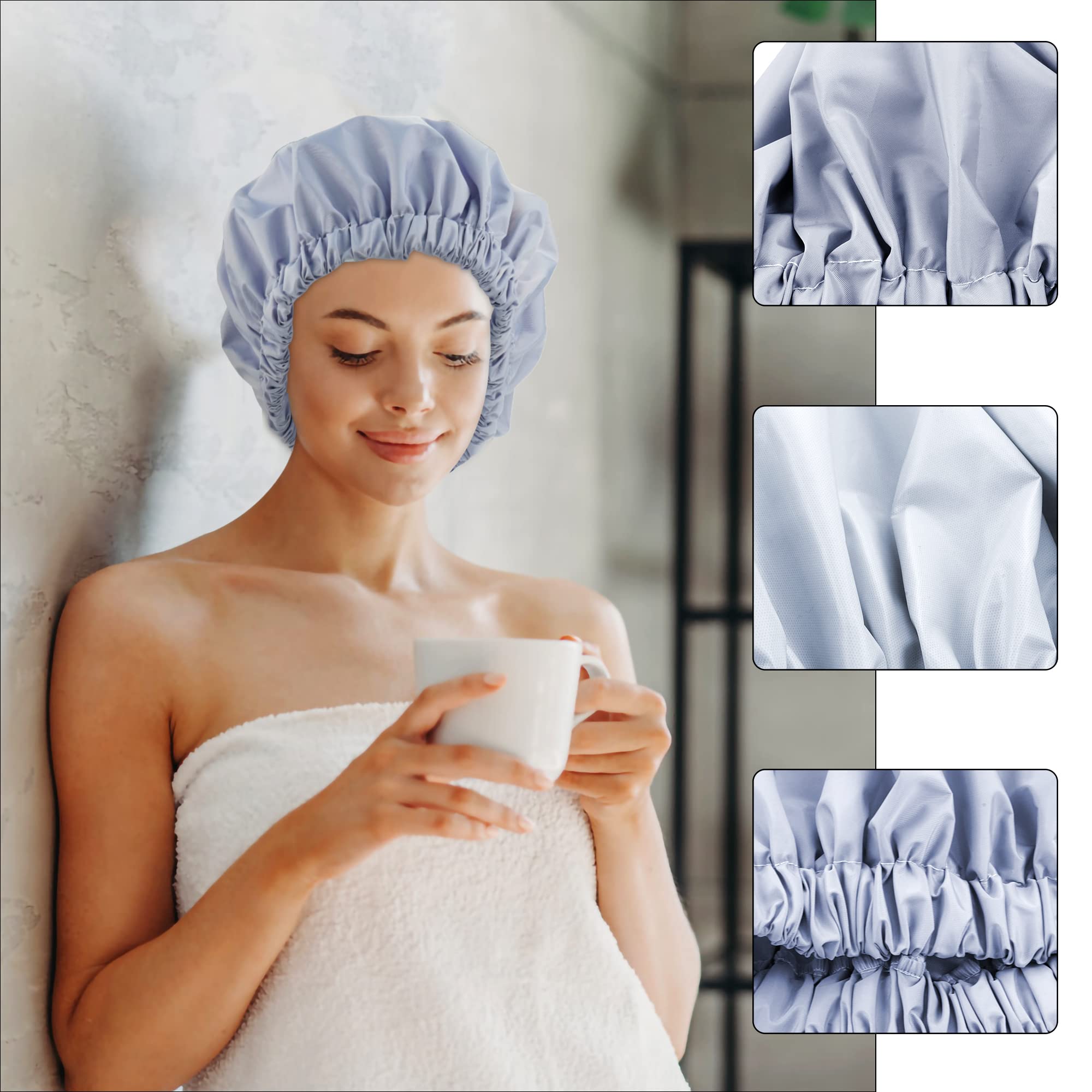 Reusable Shower Cap For Women, Large Waterproof Shower Bonnet Washable Elastic Band Bath Hair Hat For Long Hair, Braids(Gray)