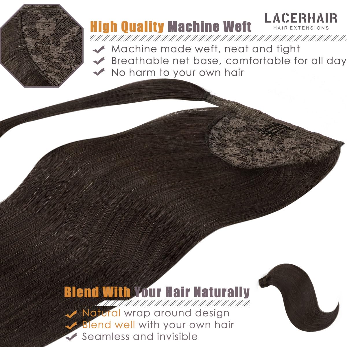 Lacerhair Wrap Around Ponytail Extension Human Hair For Black Women 16 Inch Human Hair Ponytail Hair Extensions Silky Straight O
