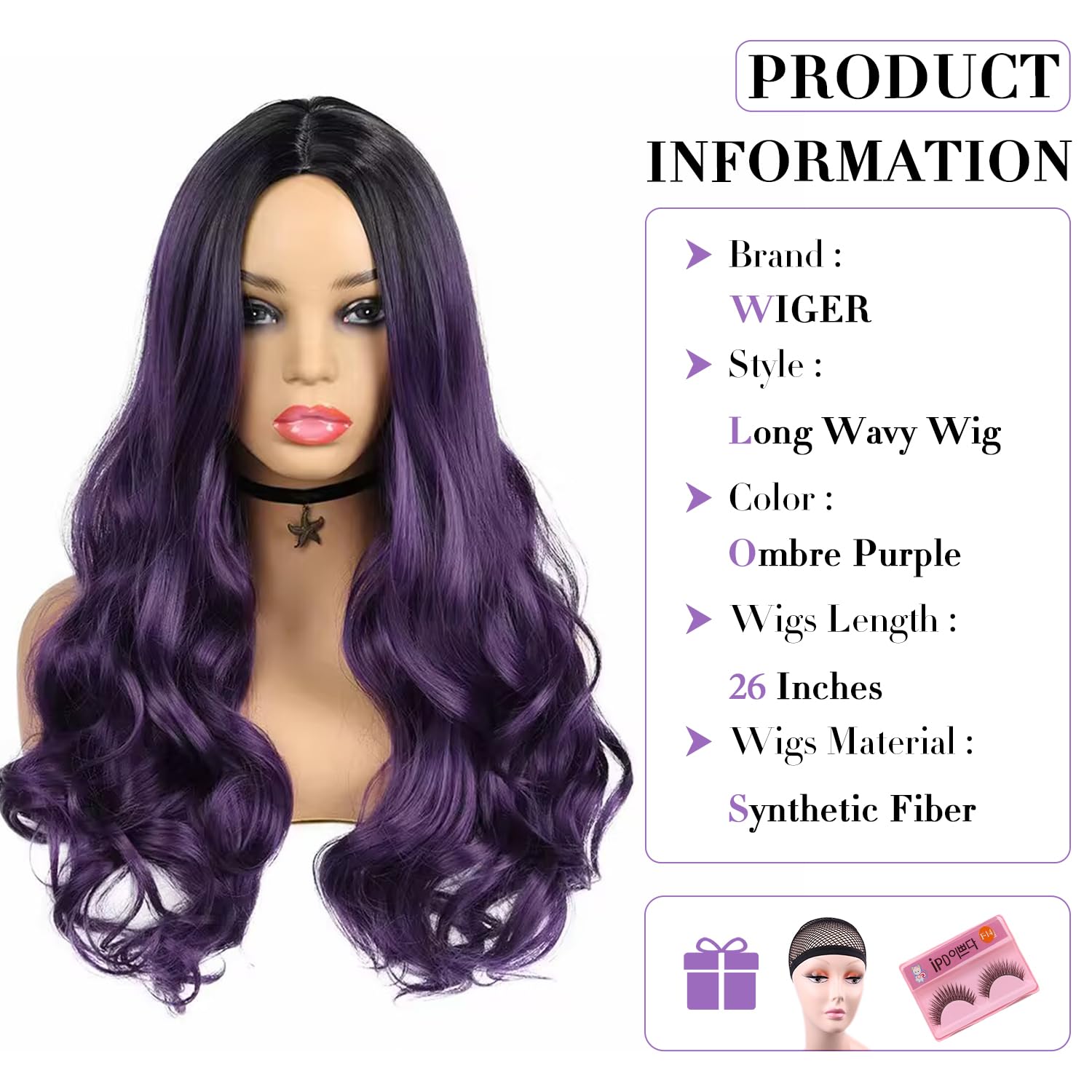 Wiger Long Curly Wavy Wigs Long Ombre Purple Wigs Ombre Dark Purple Wavy Hair 26 Inch Middle Part Synthetic Colored Wigs For Wom