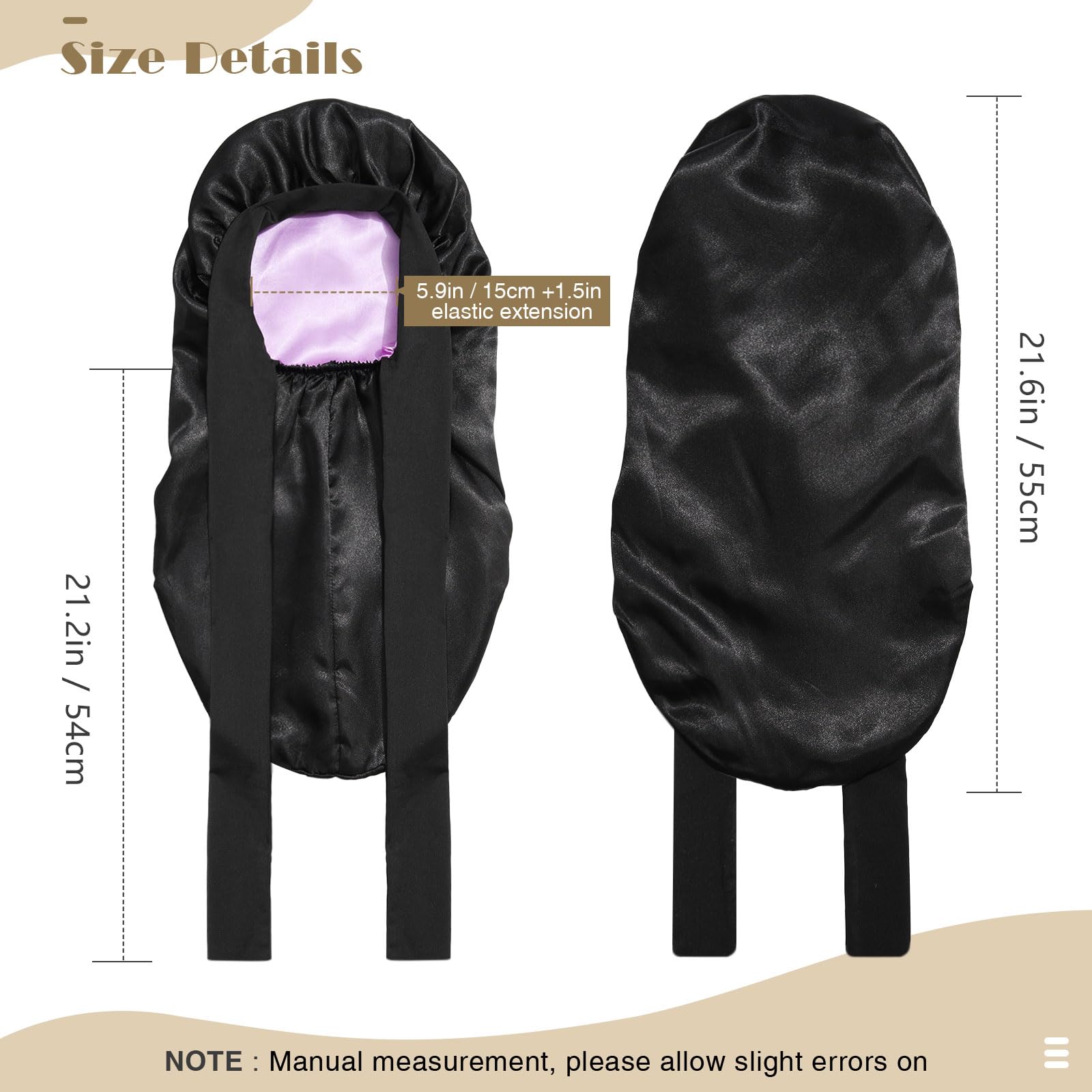 Kids Long Hair Bonnet For Sleeping - Double Layer Girls Elastic Satin Bonnet With Tie Band For Braid Curly Hair (Black+Purple)