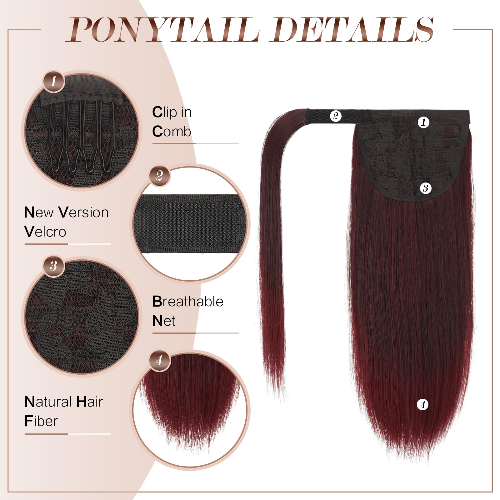Feshfen Straight Ponytail Extension 14 Inch Natural Long Ponytails Wrap Around Clip In Pony Tail Hair Piece Synthetic Hairpieces
