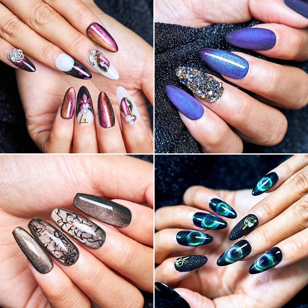 MEET ACROSS 9D Cat Eye Gel Nail Polish Set, 7 Piece Kit, Starry Sky Effect, 6 Colors, Includes Magnet Stick, Black