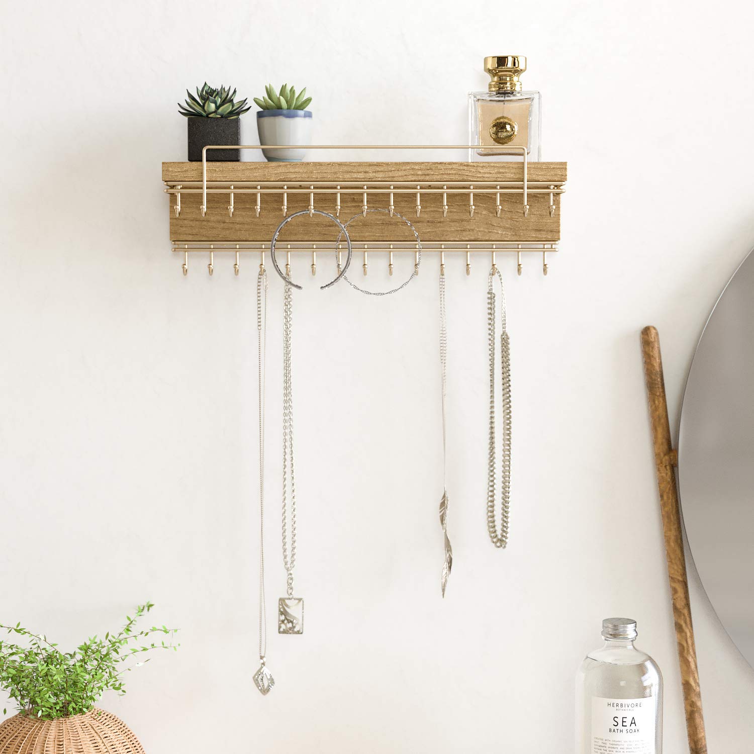 J JACKCUBE DESIGN Rustic Wood Wall Mounted Jewelry Organizer with 30 Gold Metal Hooks Display Shelf Storage for Necklaces, Brace