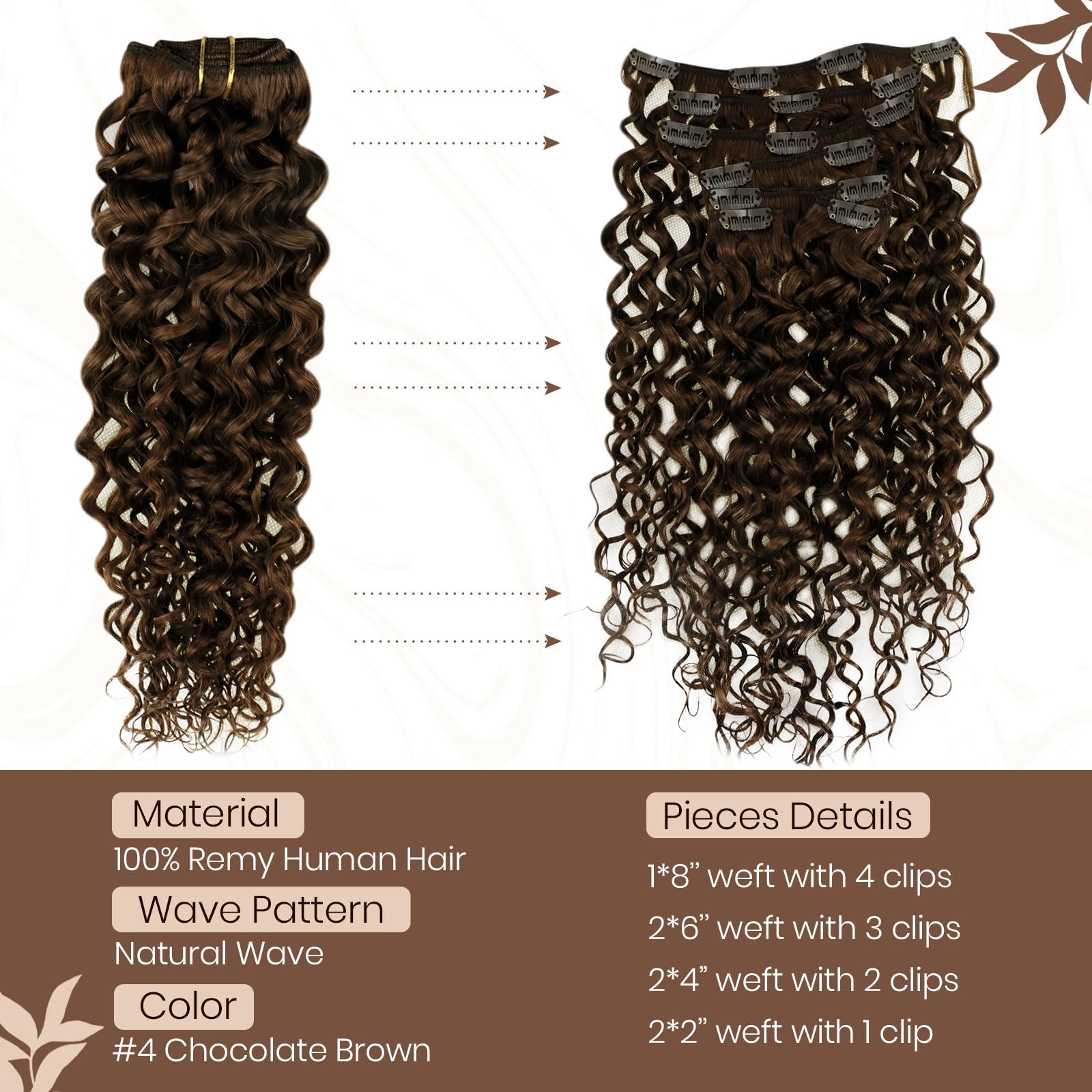 Hetto Curly Clip In Hair Extensions Human Hair Natural Brown Clip In Curly Hair Extensions Wavy Hair #4 Dark Brown Clip On Real